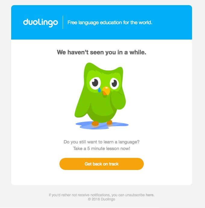 SaaS Re-engagement Emails: Screenshot of Duolingo's email