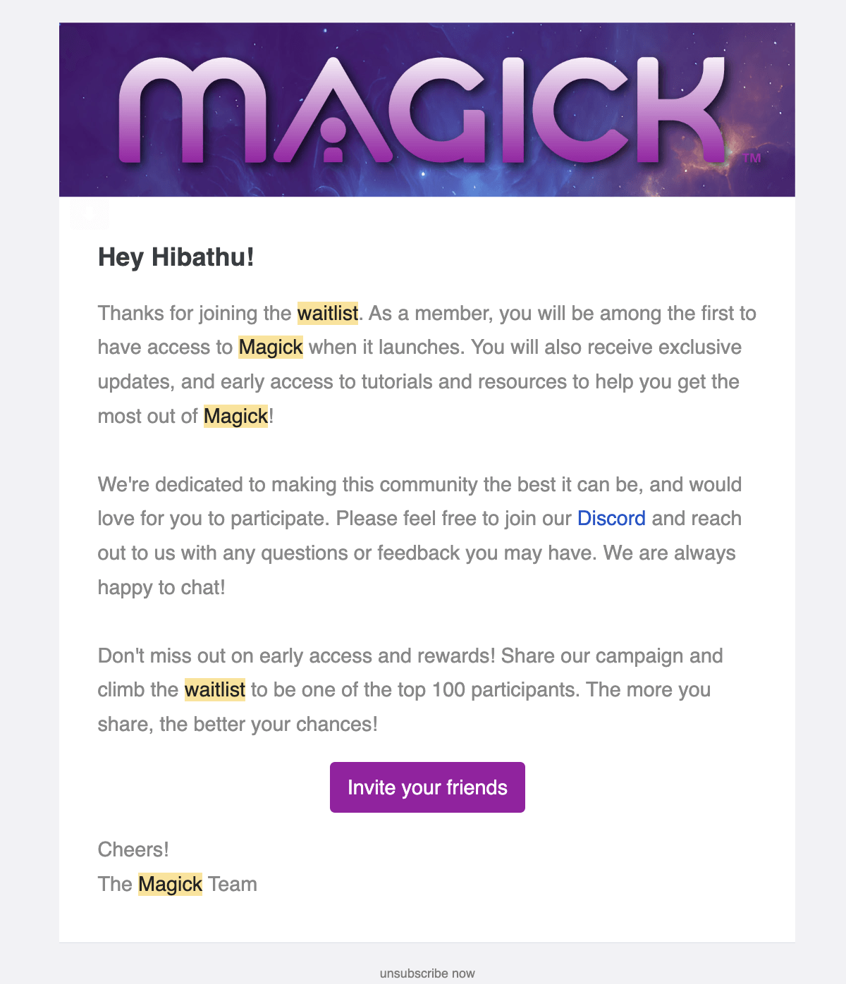 SaaS Waitlist Emails: Screenshot of Magick's welcome email for waitlist members