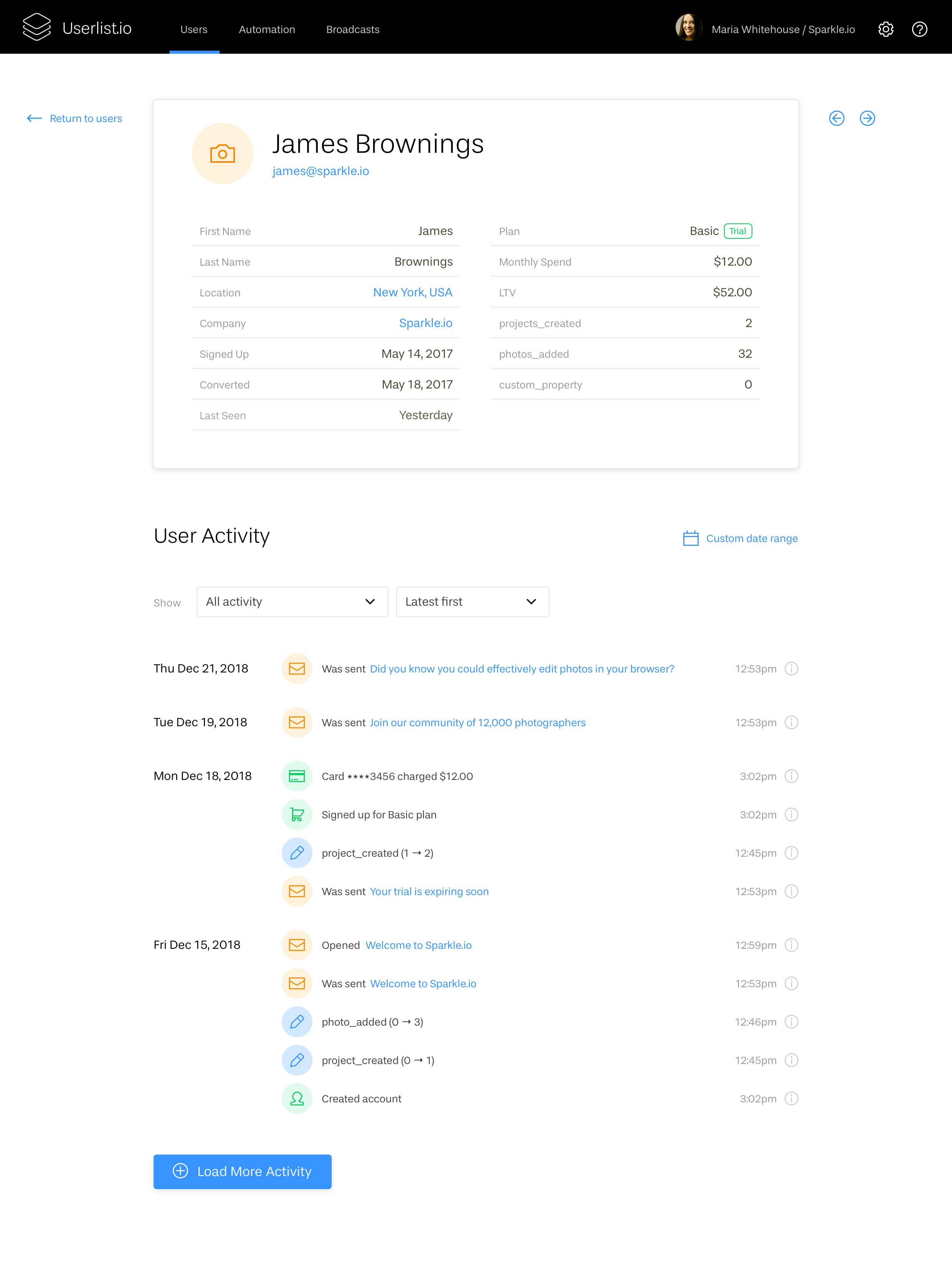 The Chicken or the Egg? Explaining Our Early Product Design Decisions: Screenshot of the user profile at Userlist