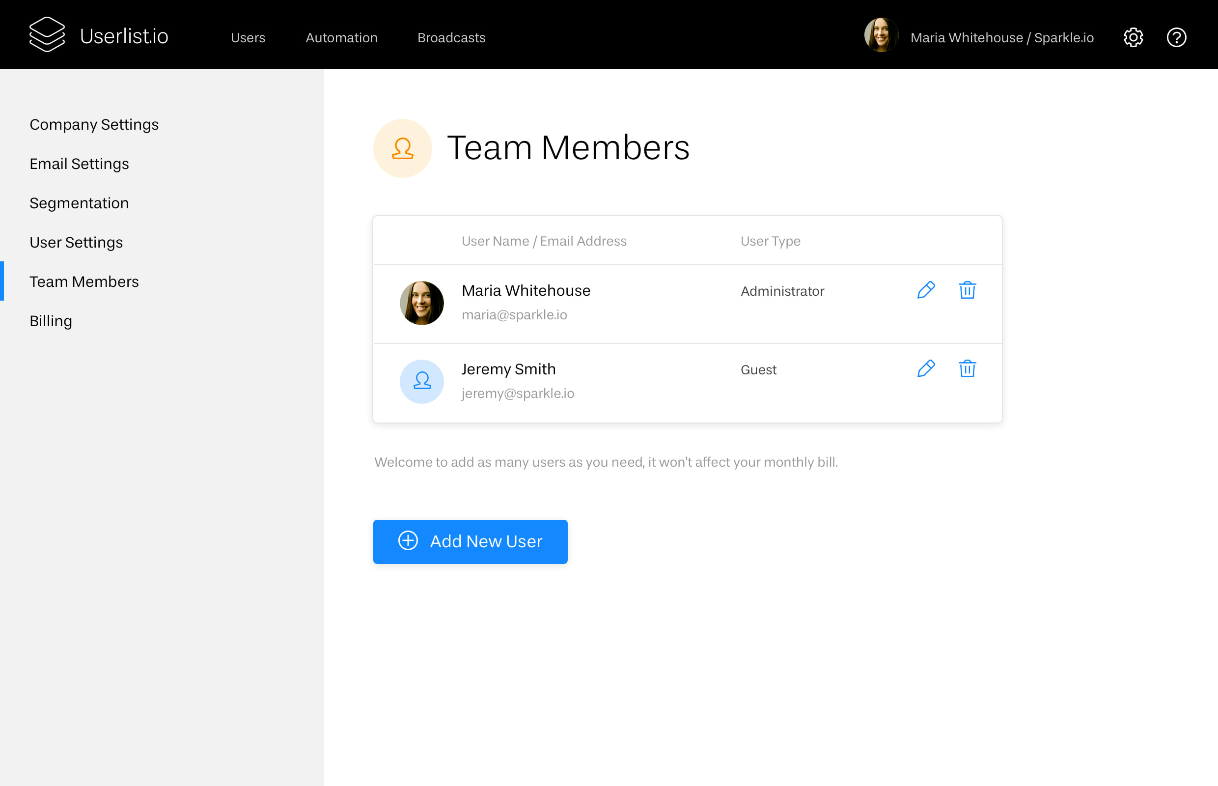 The Chicken or the Egg? Explaining Our Early Product Design Decisions: Screenshot of team settings at Userlist