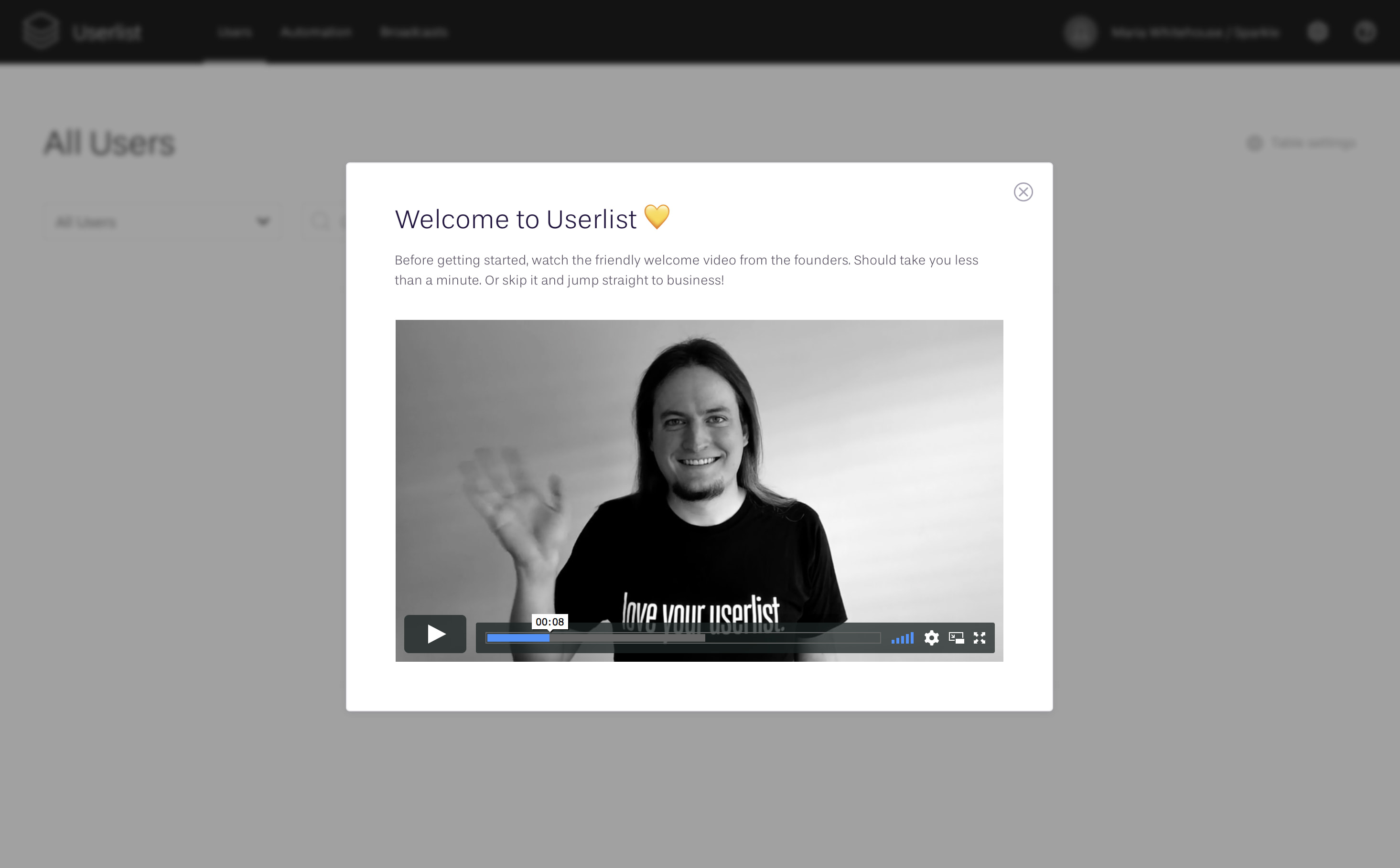 User Onboarding at Userlist: Screenshot of our welcome Video