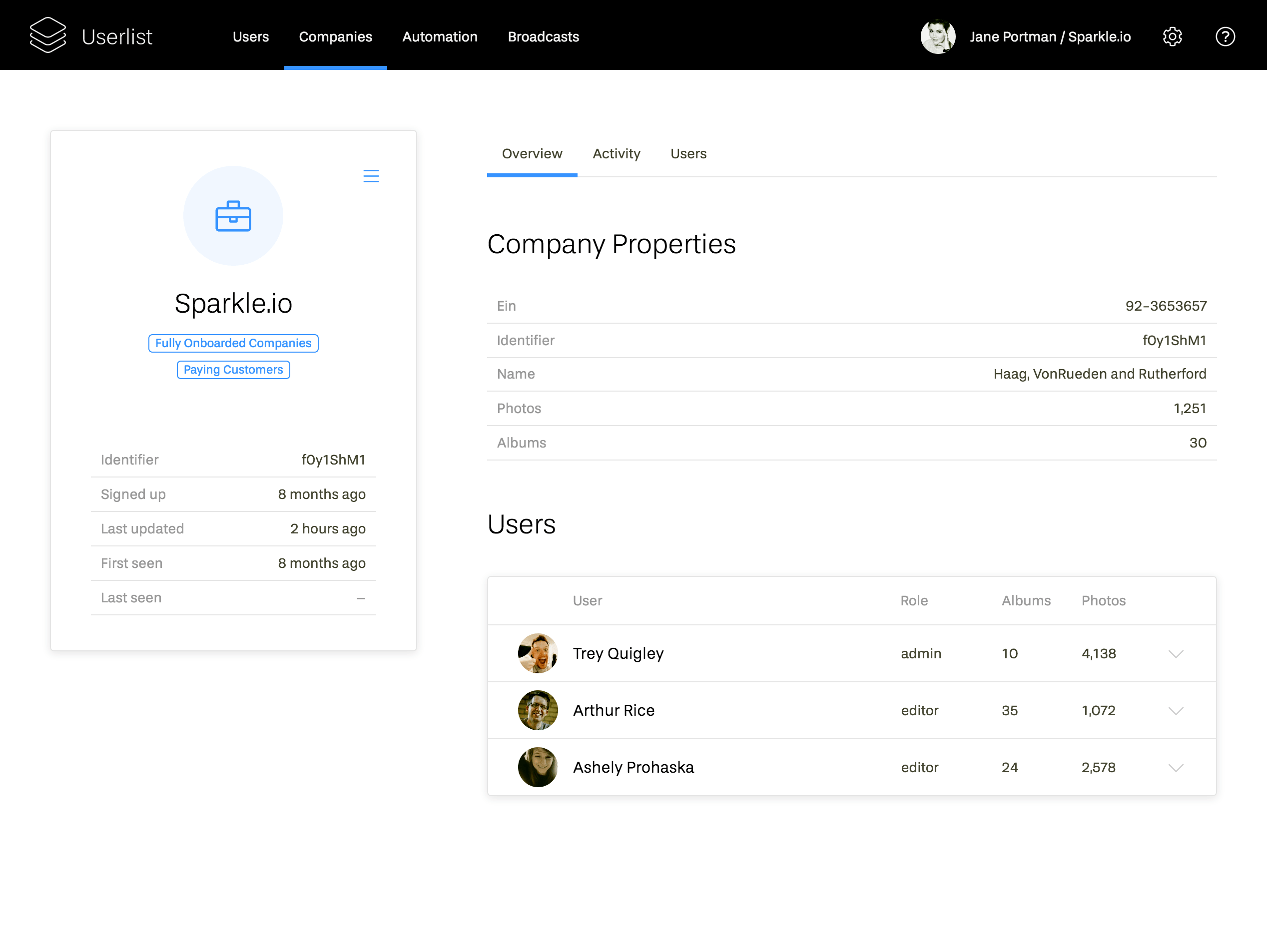 Screenshot of sample company profile on Userlist