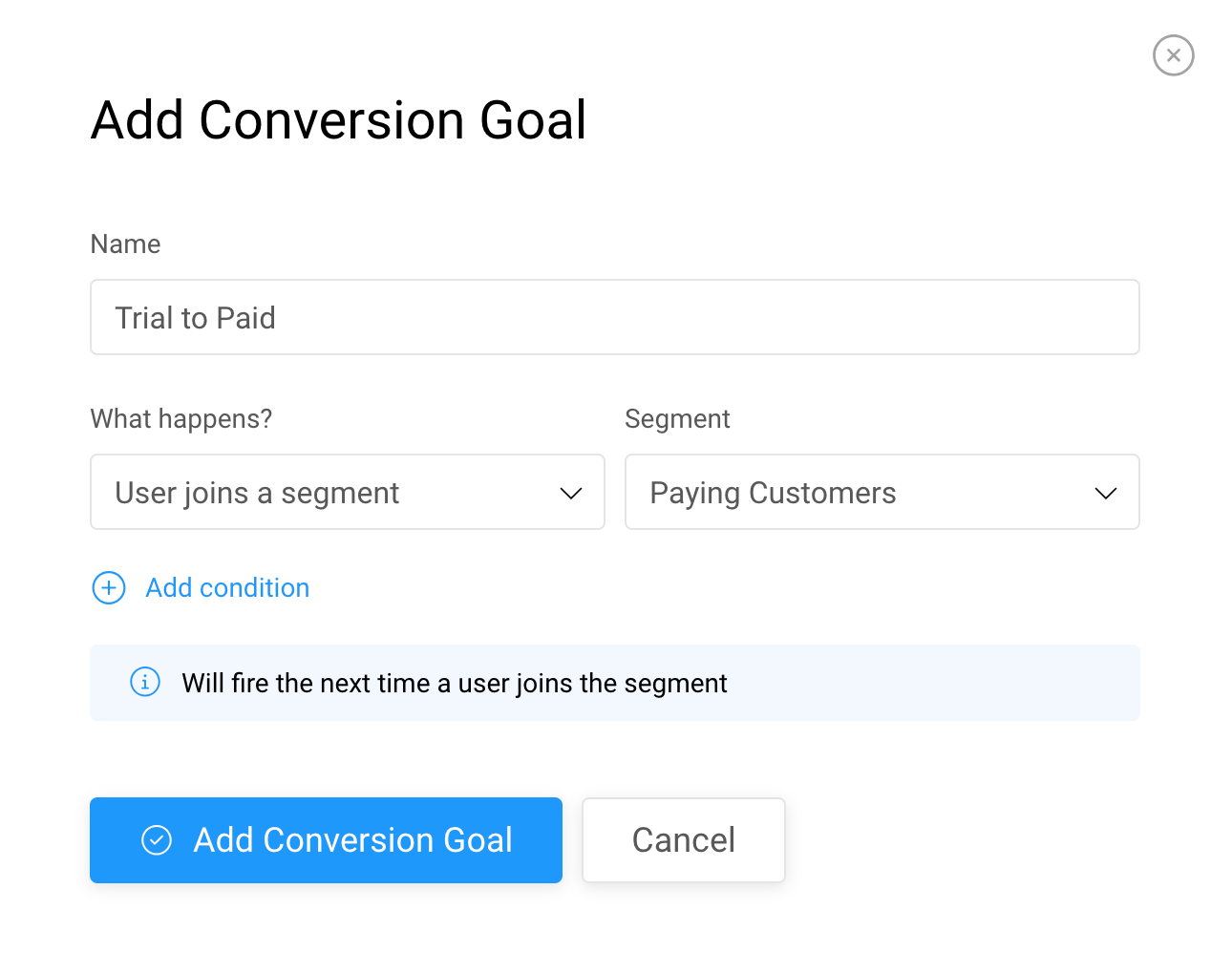 Adding a new Conversion Goal node in Userlist workflows