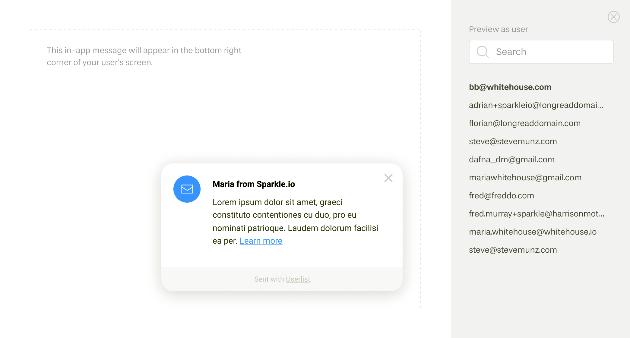 Screenshot of how to preview in-app messages on Userlist