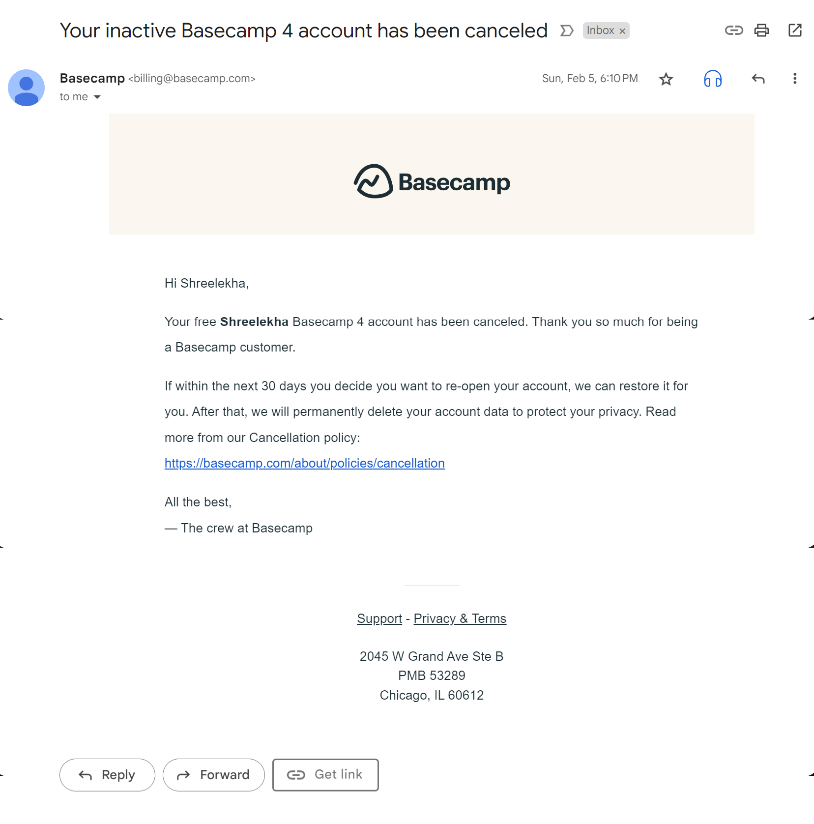Account Removal Emails: Screenshot of Basecamp's account cancellation notification email to users
