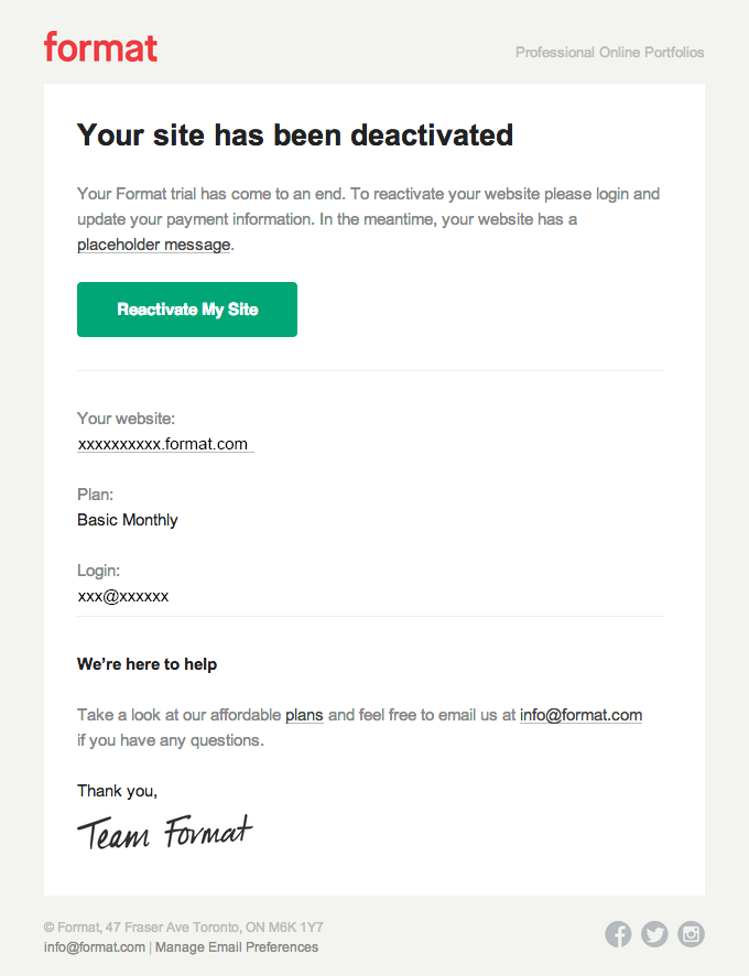 Account Removal Emails: Screenshot of Format's account deactivation email to users