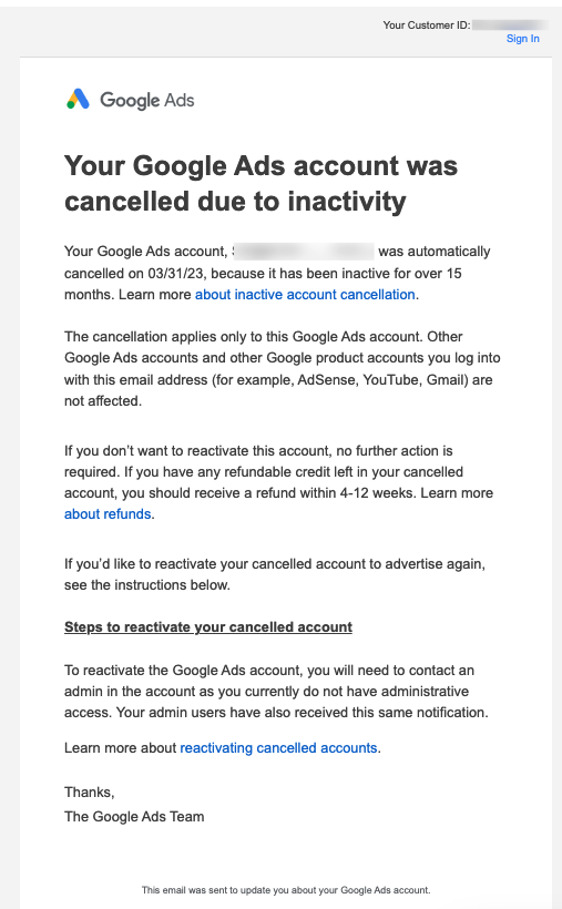 Account Removal Emails: Screenshot of Google's account deletion notification email to users