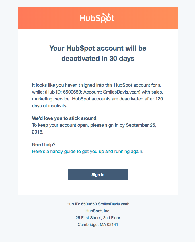 Account Removal Emails: Screenshot of HubSpot's 30-day account deactivation notification email to users