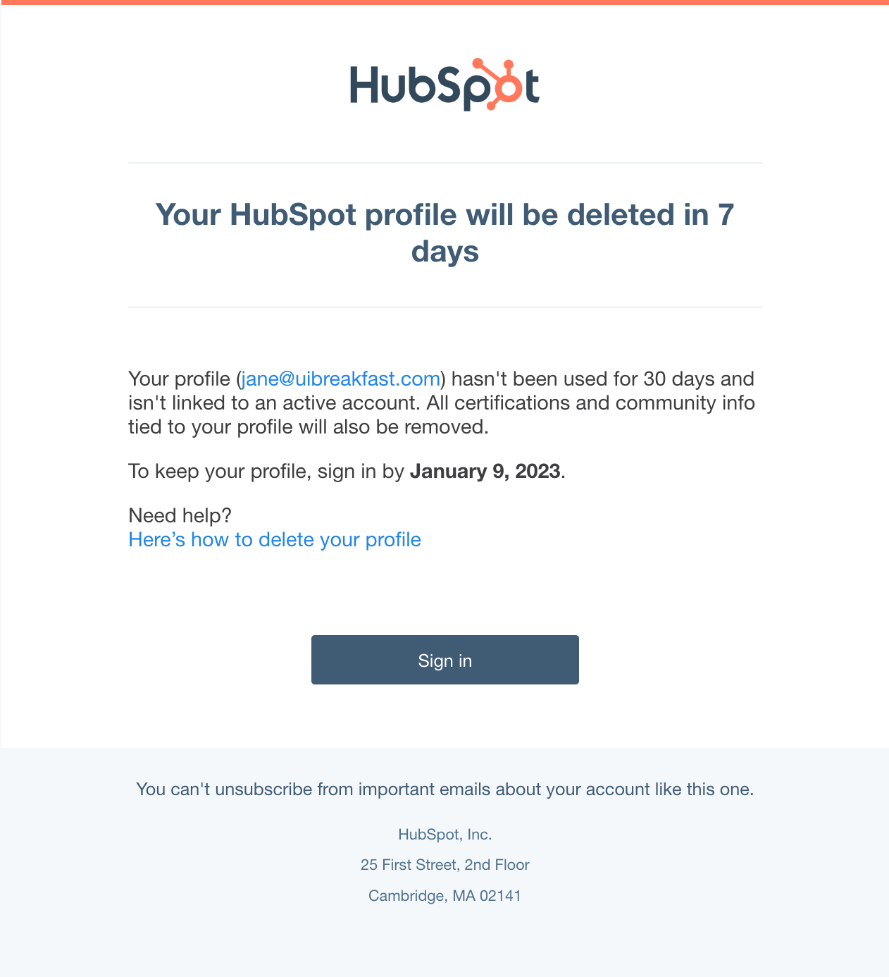 Account Removal Emails: Screenshot of HubSpot's 7-day account deactivation notification email to users