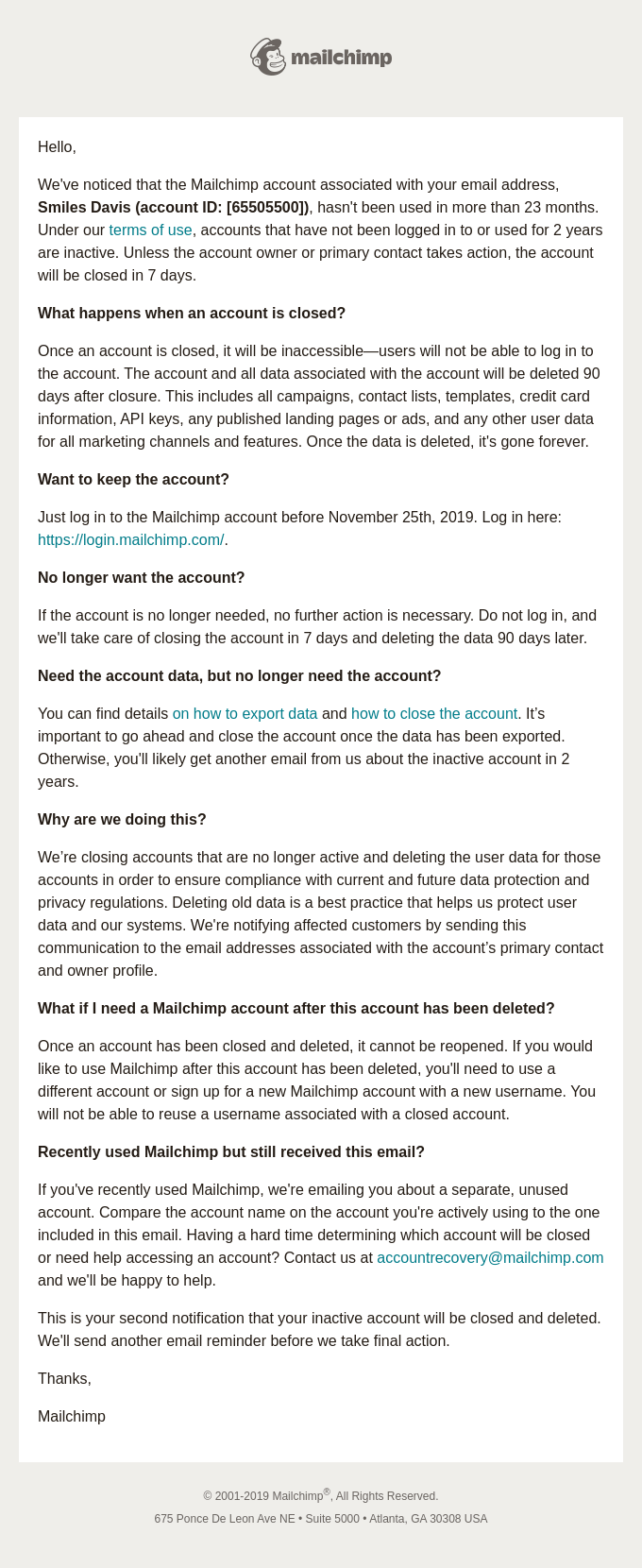 Account Removal Emails: Screenshot of Mailchimp's account deactivation notification email to users