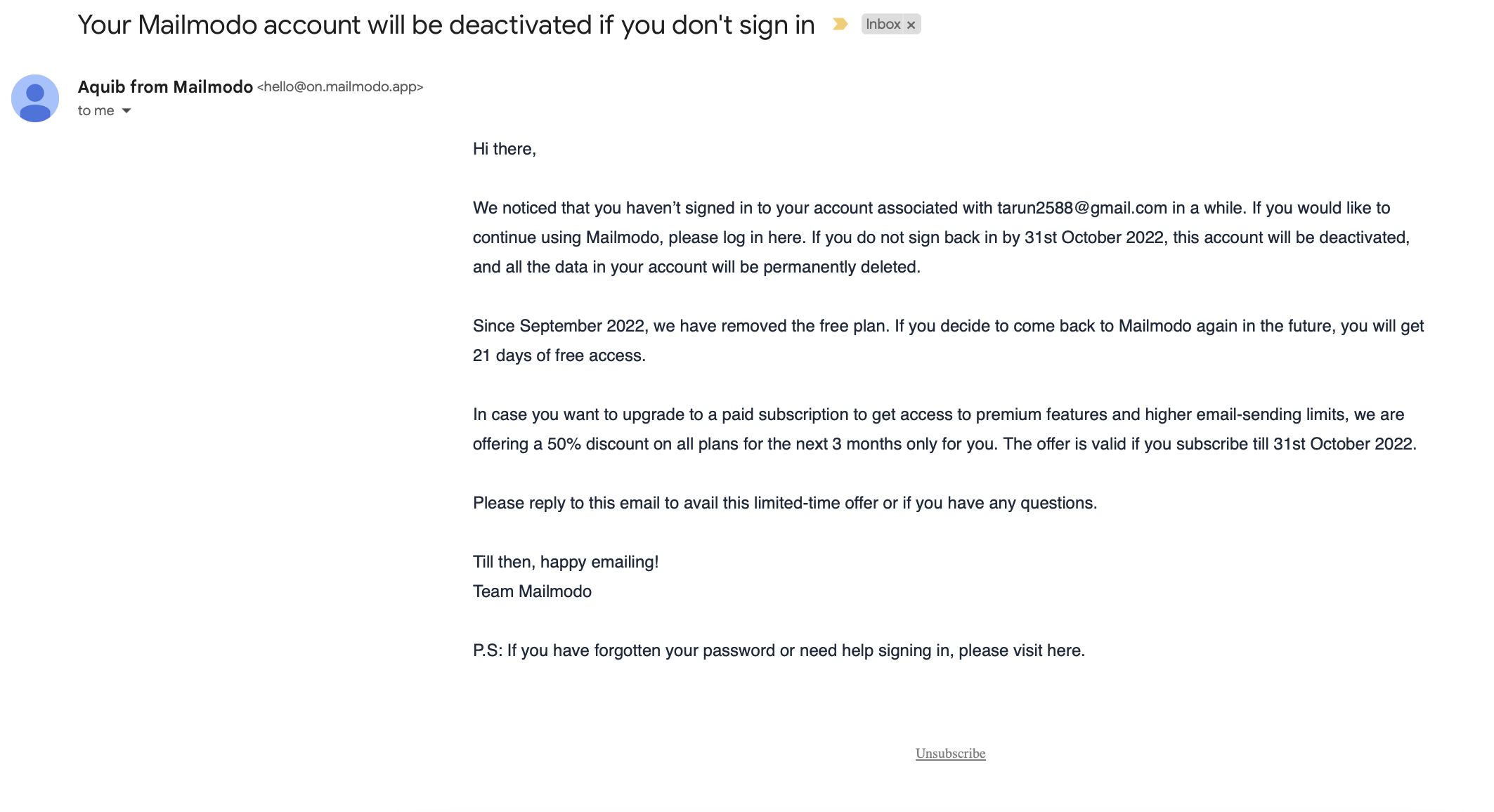 Account Removal Emails: Screenshot of Mailmodo's account deactivation notification email to users