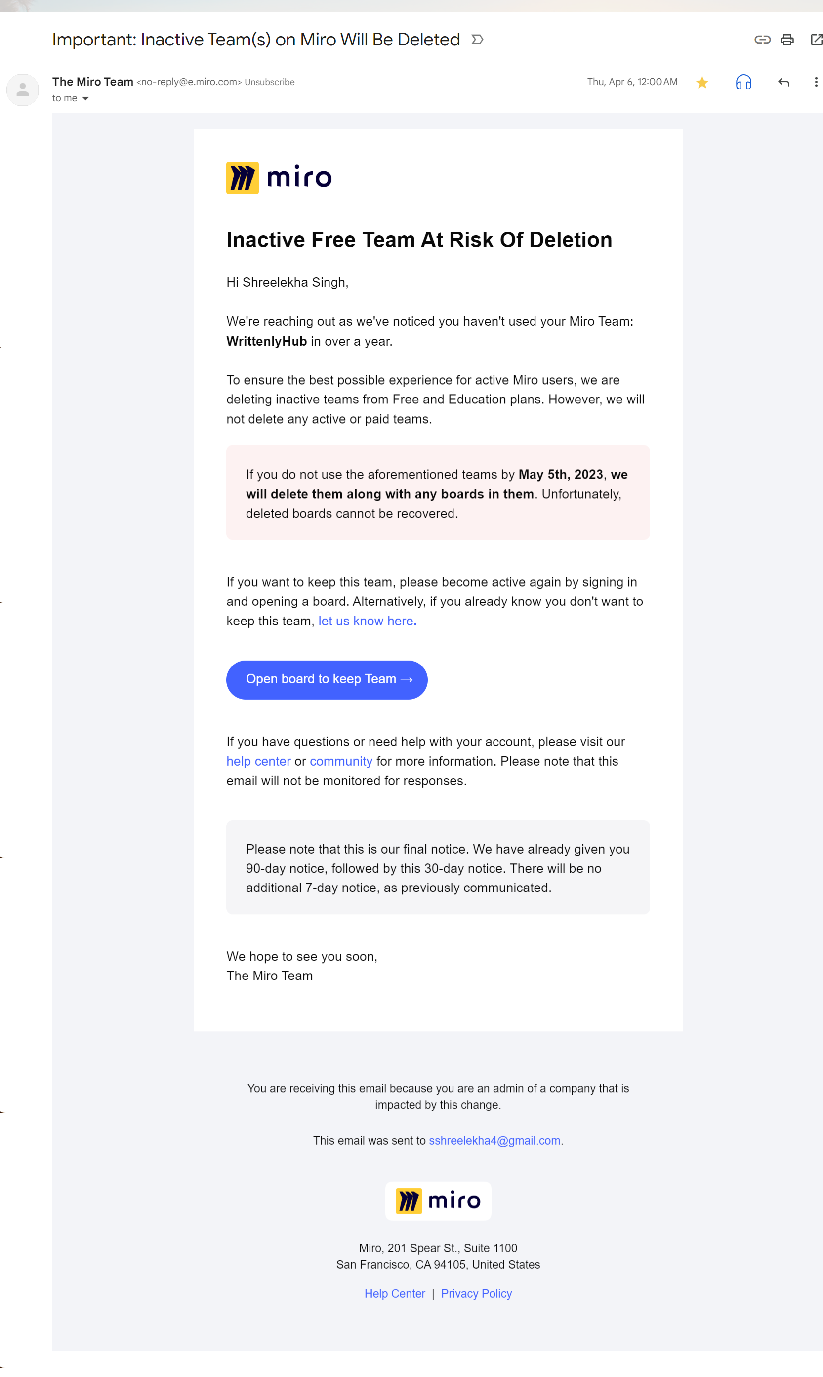 Account Removal Emails: Screenshot of Miro's account notification email about pending account deletion
