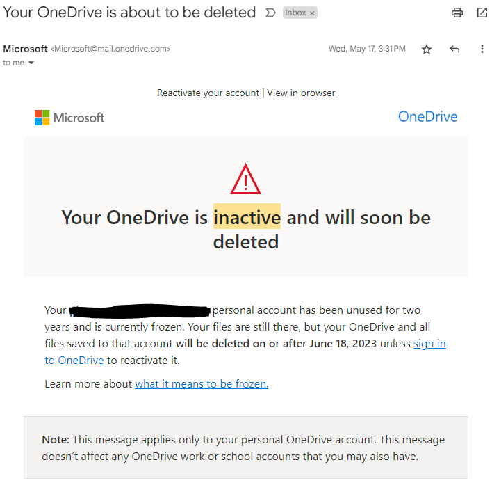 Account Removal Emails: Screenshot of OneDrive's account notification email about pending account deletion
