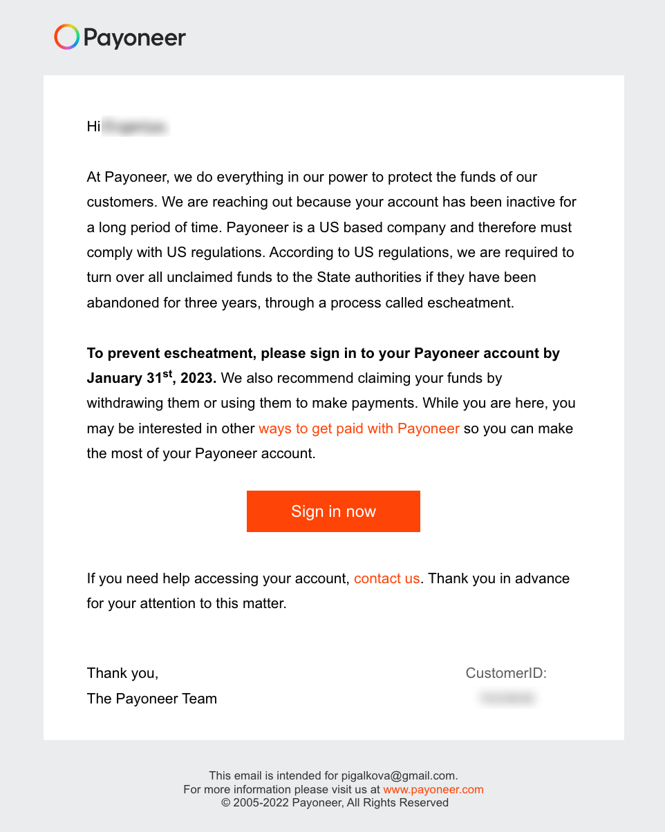 Account Removal Emails: Screenshot of Payoneer's account inactivity notification email to users