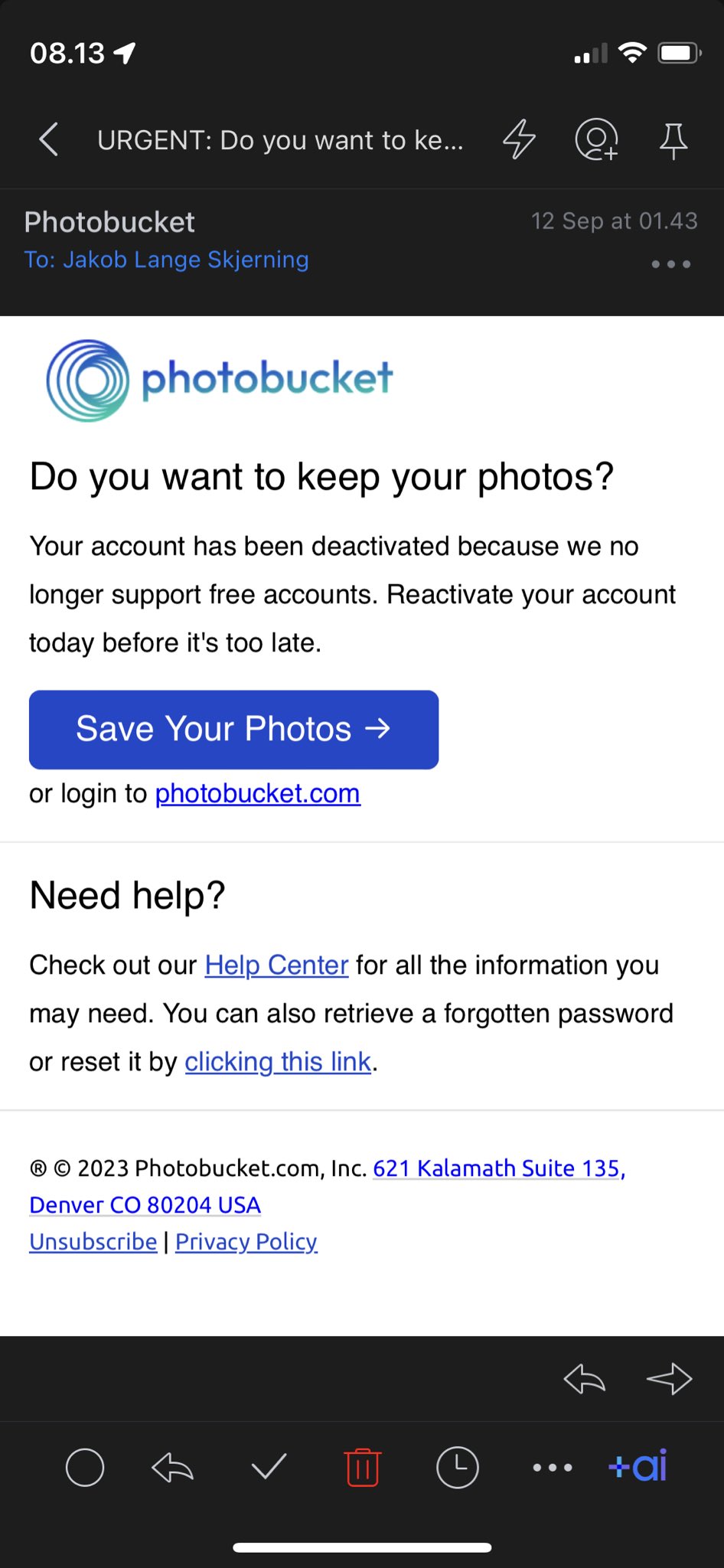 Account Removal Emails: Screenshot of Photobucket's account deactivation notification email