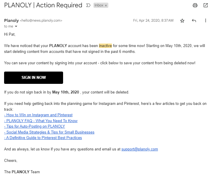 Account Removal Emails: Screenshot of Planoly's account notification email about pending account deletion
