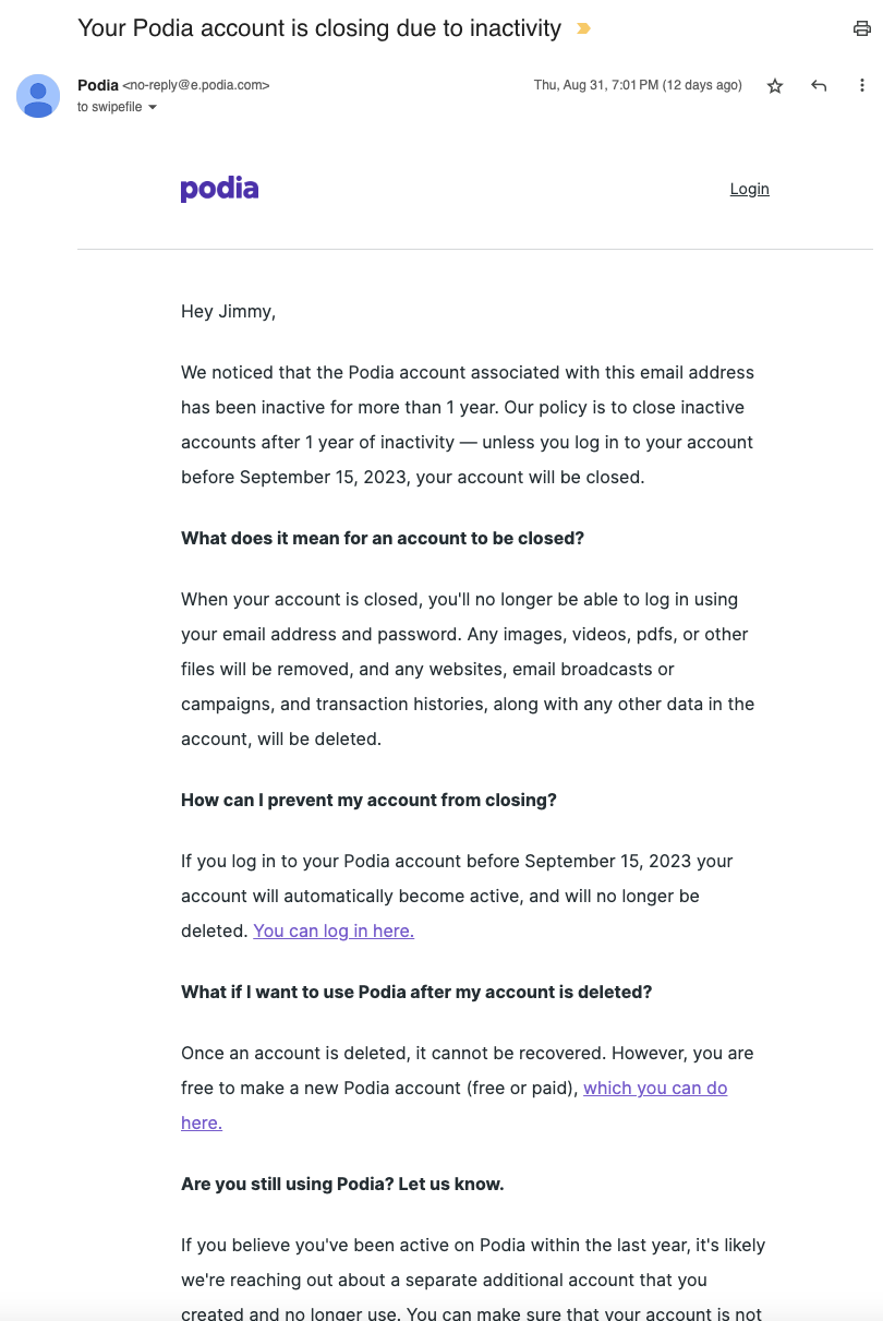 Account Removal Emails: Screenshot of Podia's account notification email about pending account deletion