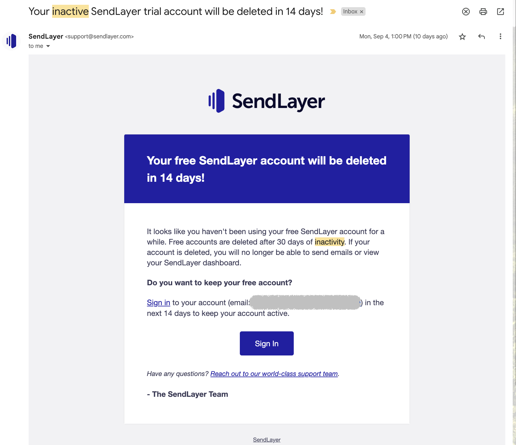 Account Removal Emails: Screenshot of SendLayer's account notification email about pending account deletion