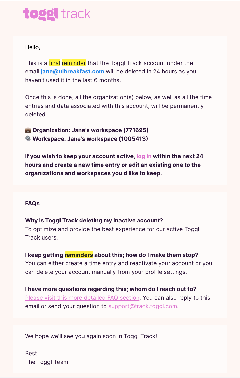 Account Removal Emails: Screenshot of Toggl Track's account deletion notification email to users