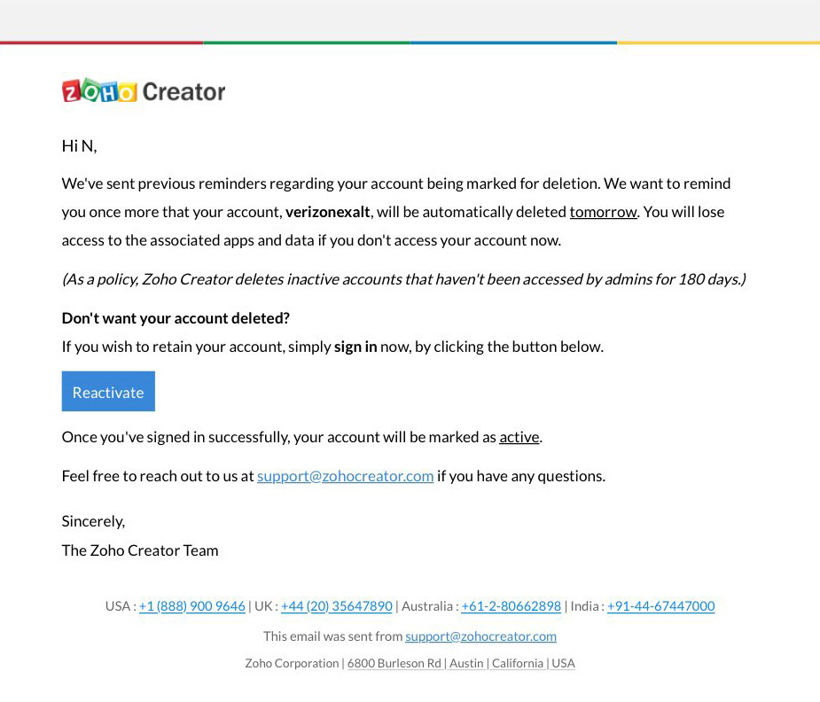 Account Removal Emails: Screenshot of Zoho Creator's account notification email about pending account deletion