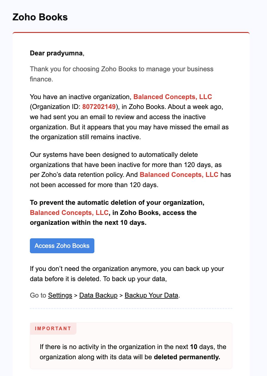 Account Removal Emails: Screenshot of Zoho Books's account notification email about pending account deletion