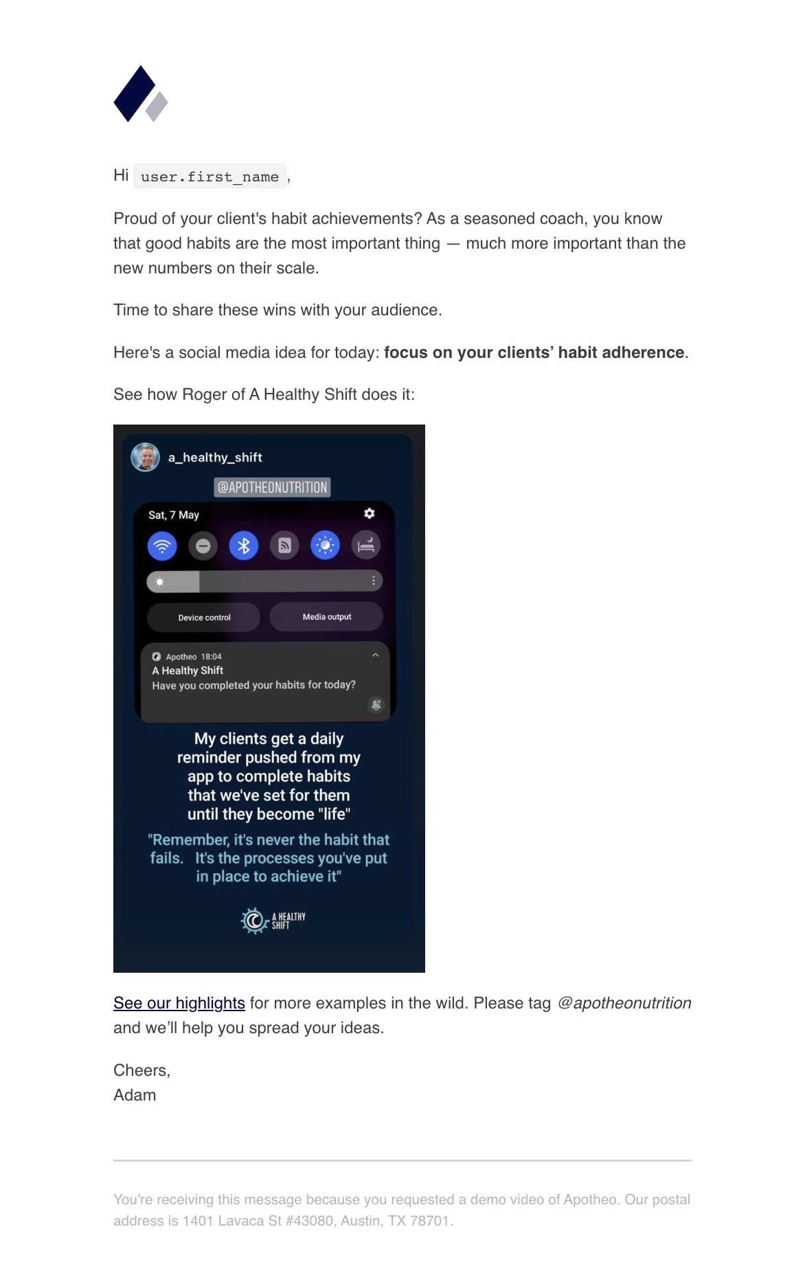 Atomic Emails: Screenshot of Apotheo's email
