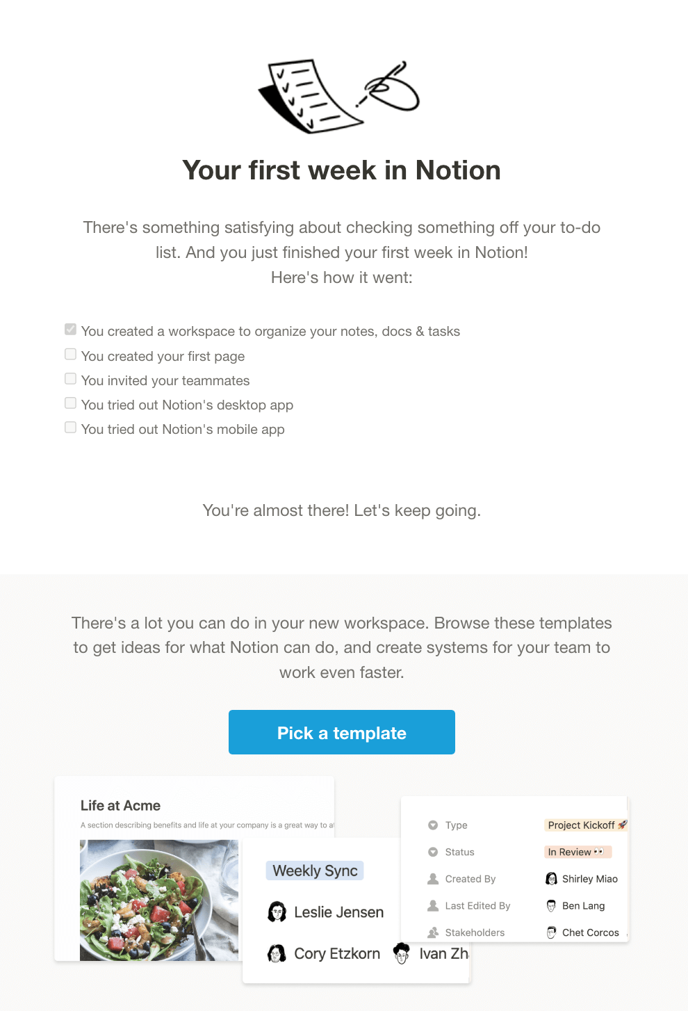 B2C SaaS Email Marketing: Screenshot of Notion's email for onboarding
