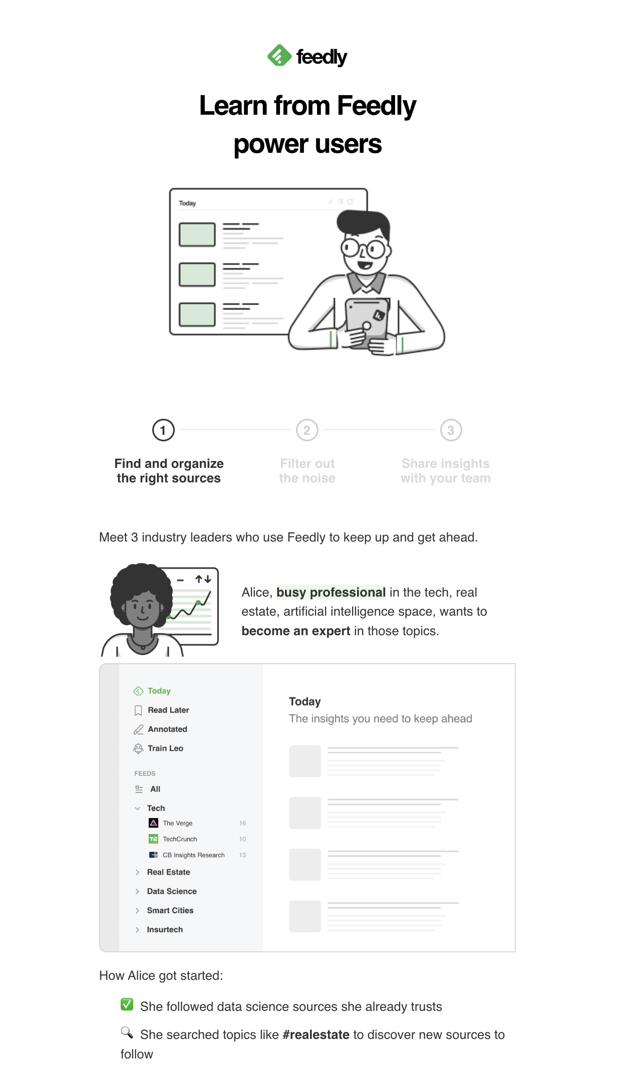 Case Study Email Examples: Screenshot of Feedly's email showcasing use cases told through imaginary personas