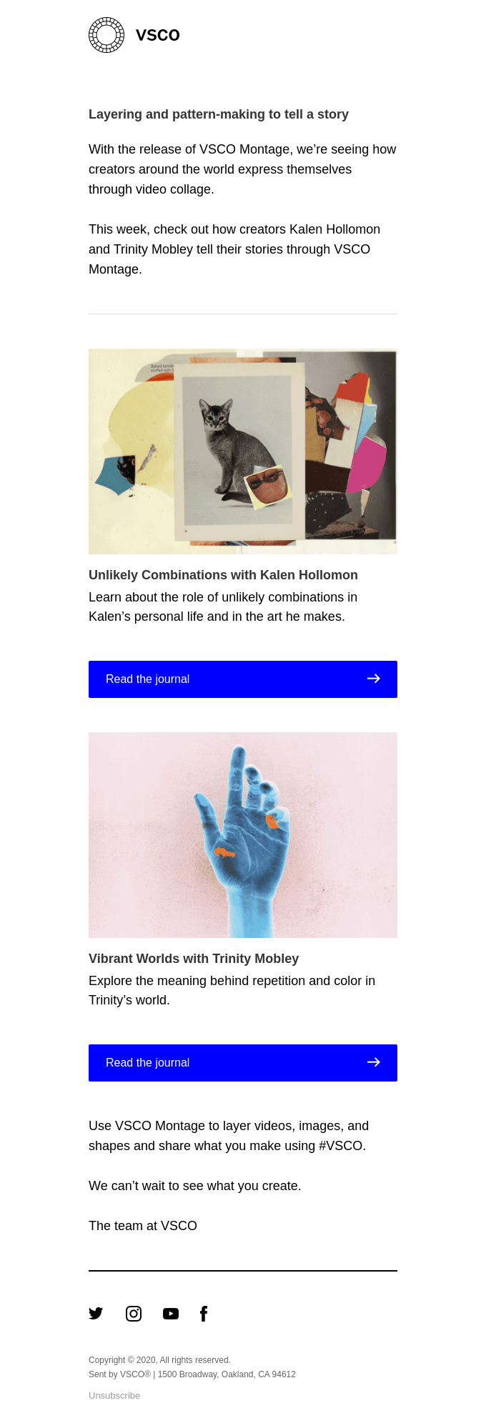Case Study Email Examples: Screenshot of VSCO's email showcasing customer experiences