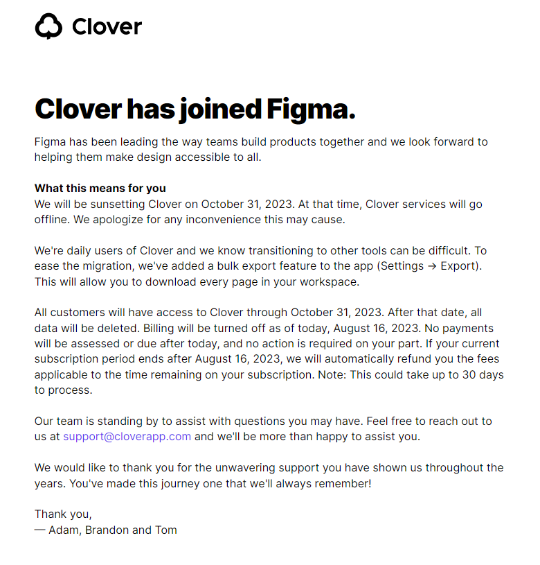 SaaS Company Acquisition Announcement Emails: Screenshot of Clover's announcement email when they got acquired by Figma