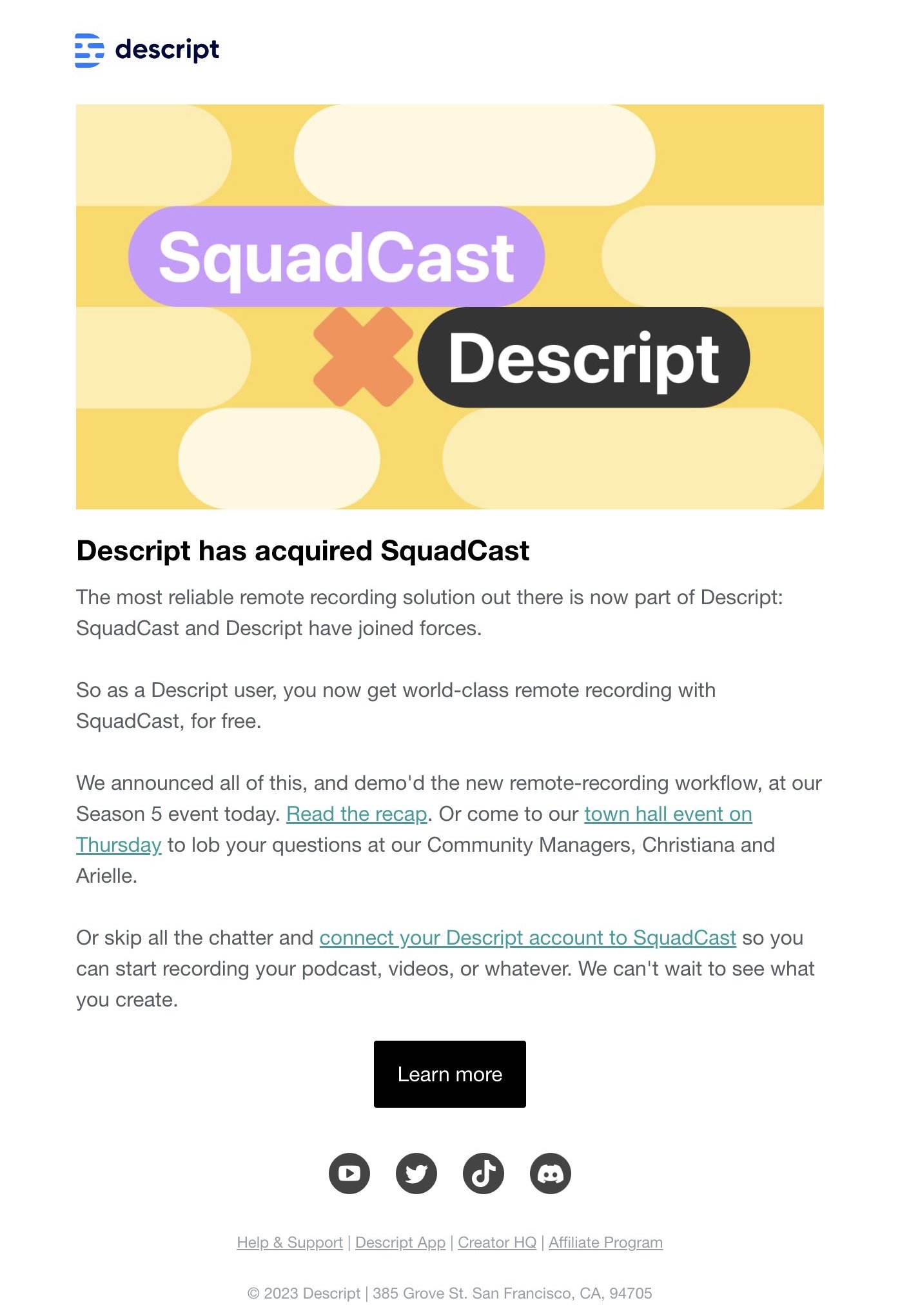 SaaS Company Acquisition Announcement Emails: Screenshot of Descript's announcement email when they acquired Squadcast