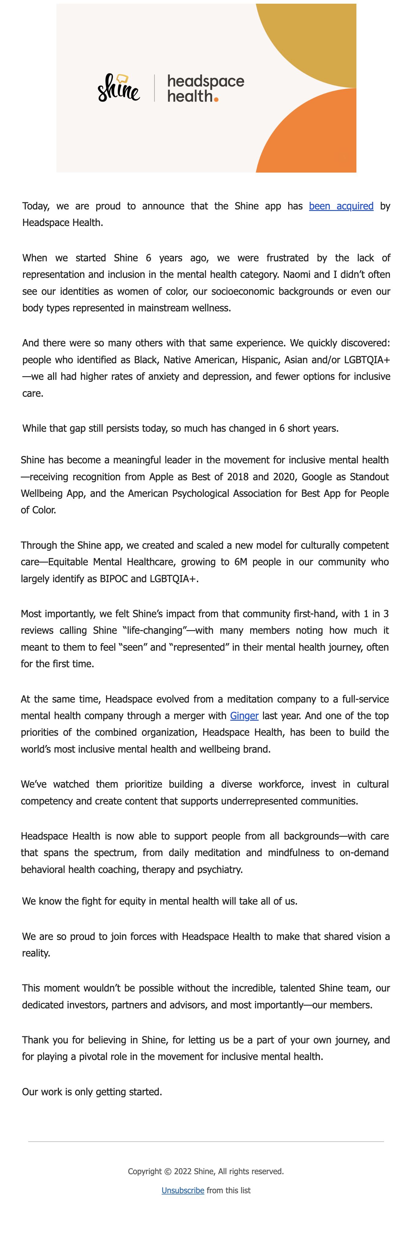 SaaS Company Acquisition Announcement Emails: Screenshot of Shine's announcement email when they got acquired by Headspace Health