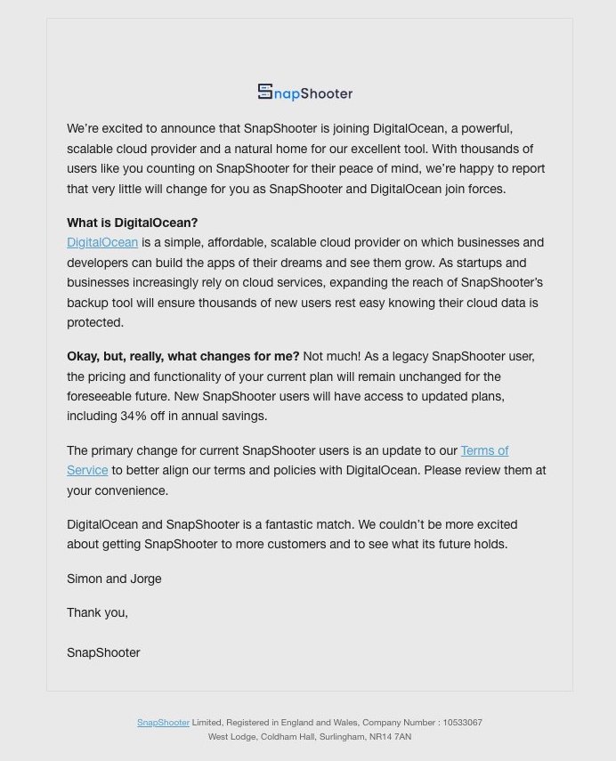 SaaS Company Acquisition Announcement Emails: Screenshot of SnapShooter's announcement email when they got acquired by DigitalOcean