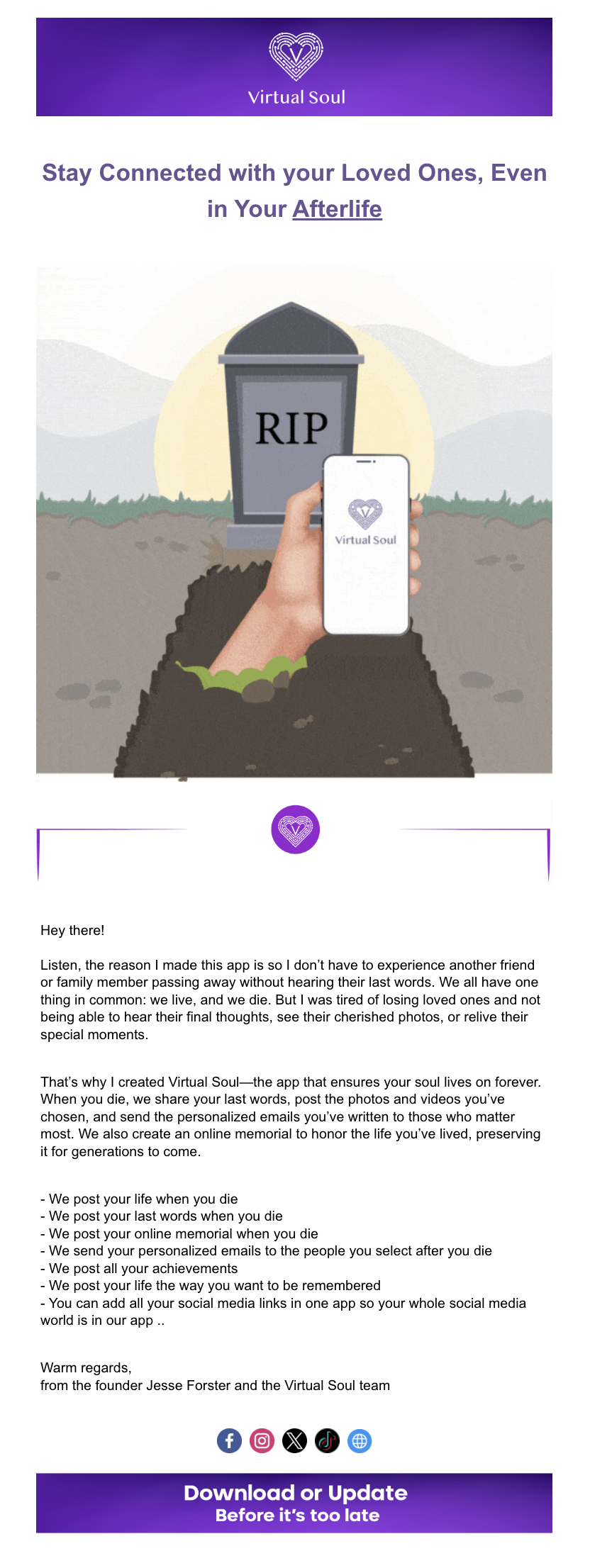 Creative SaaS Emails: Screenshot of Virtual Soul's creative email about their product's mission