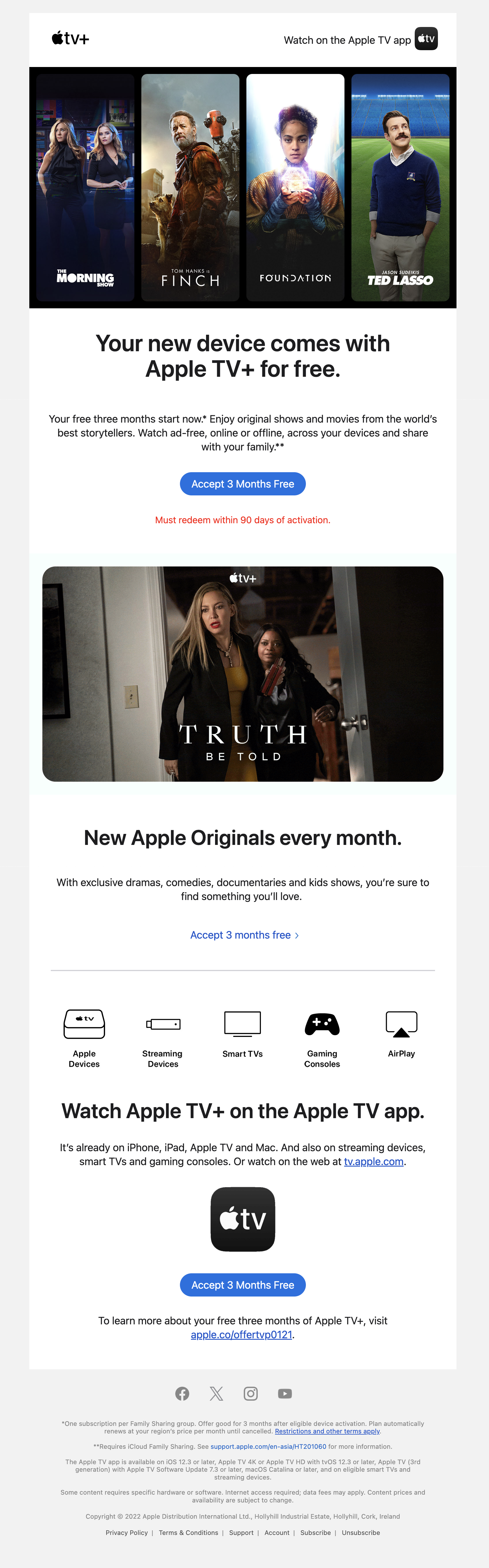 SaaS CTA Emails: Screenshot of Apple's free 3-month Apple TV+ offer