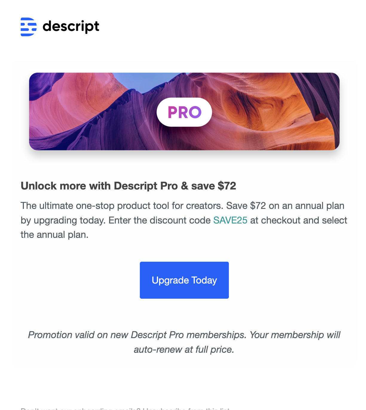 SaaS CTA Emails: Screenshot of Descript's promo email