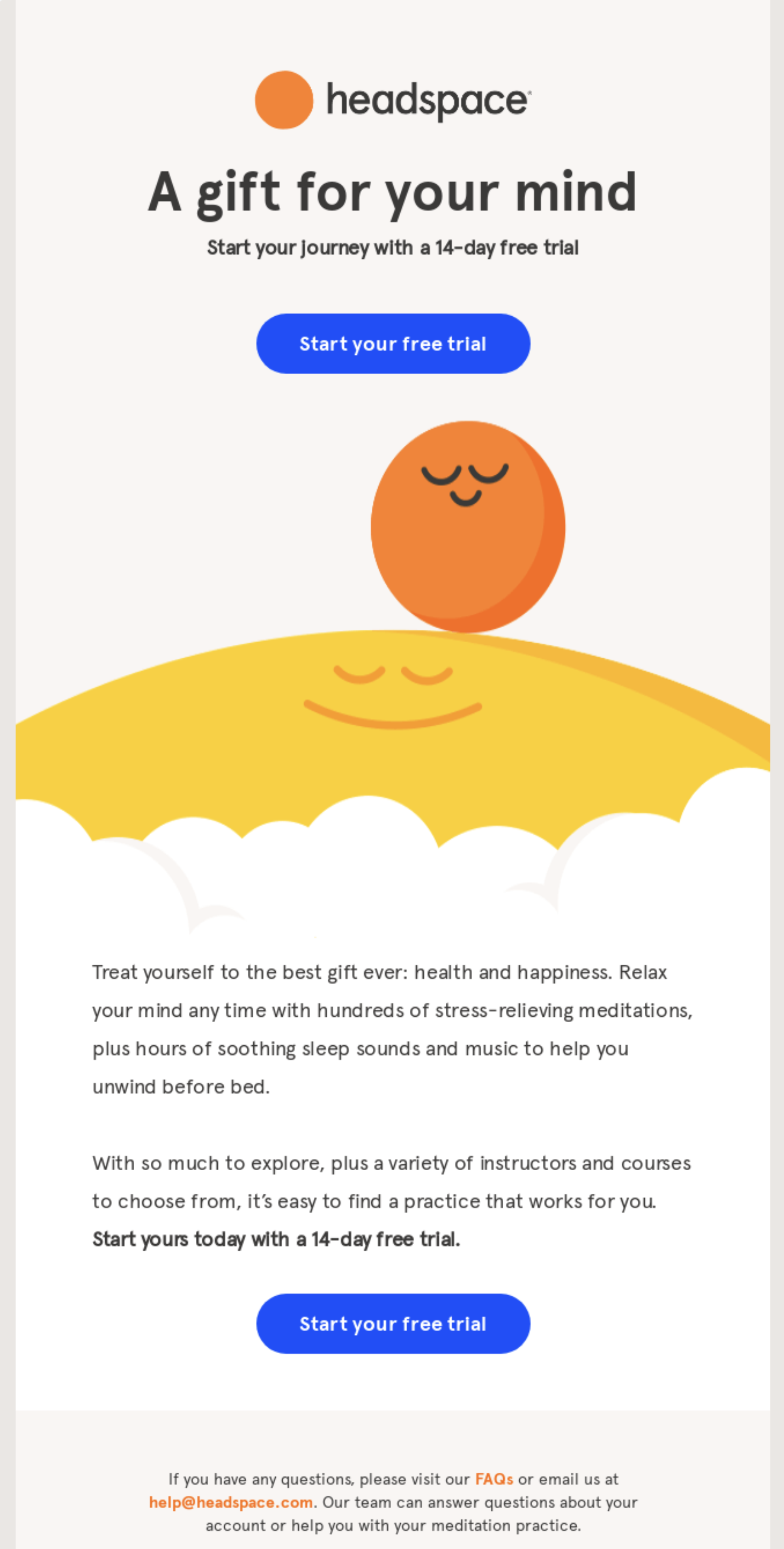 SaaS CTA Emails: Screenshot of Headspace's trial offer email