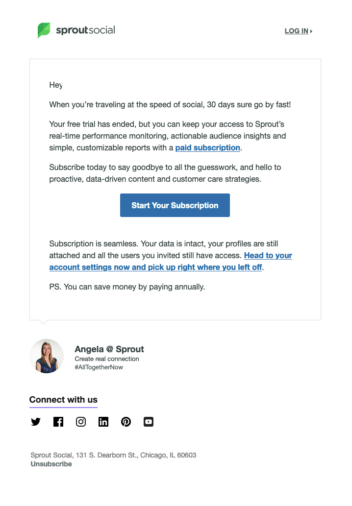 SaaS CTA Emails: Screenshot of Sprout Social's conversion email