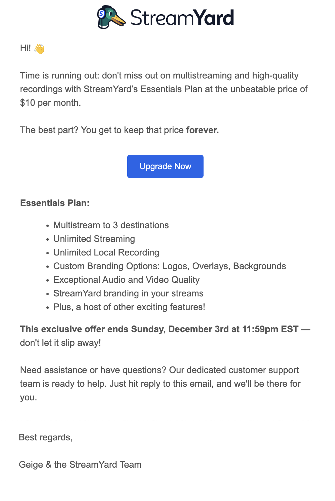 SaaS CTA Emails: Screenshot of StreamYard's conversion email