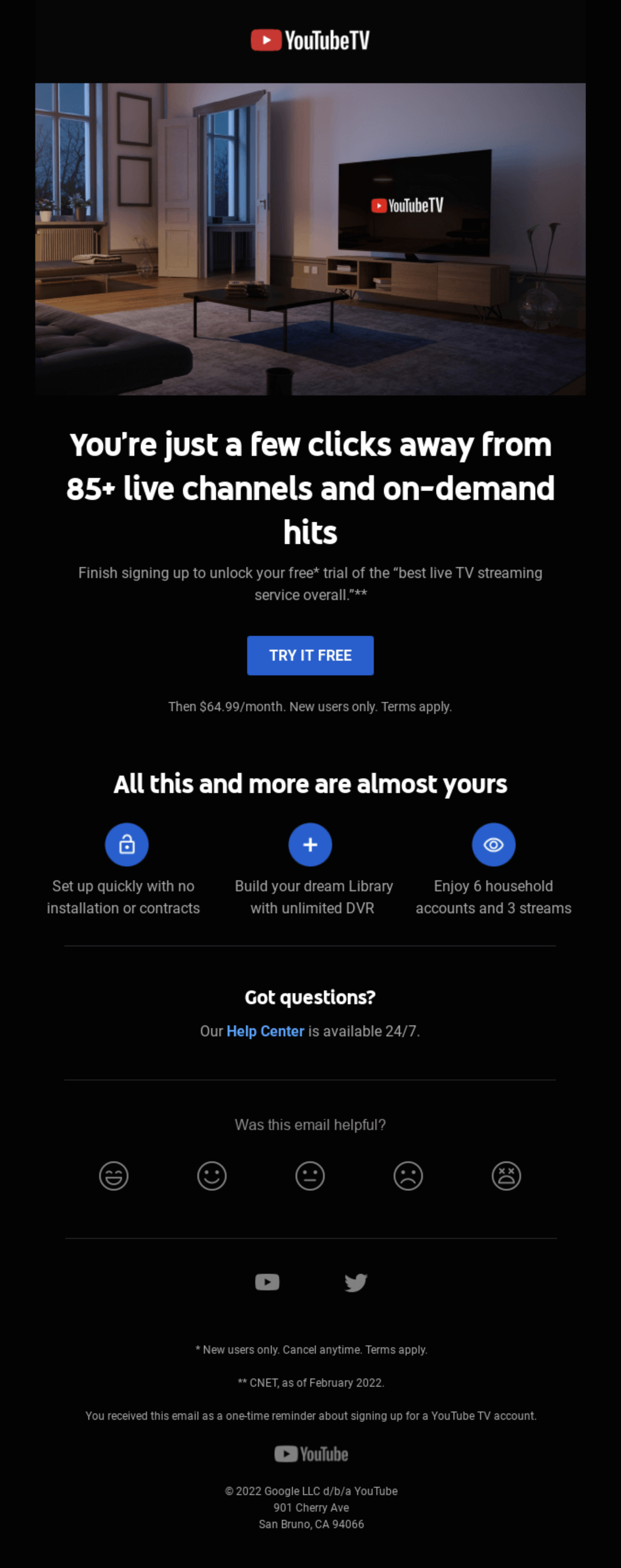 SaaS CTA Emails: Screenshot of YouTube TV's trial offer email