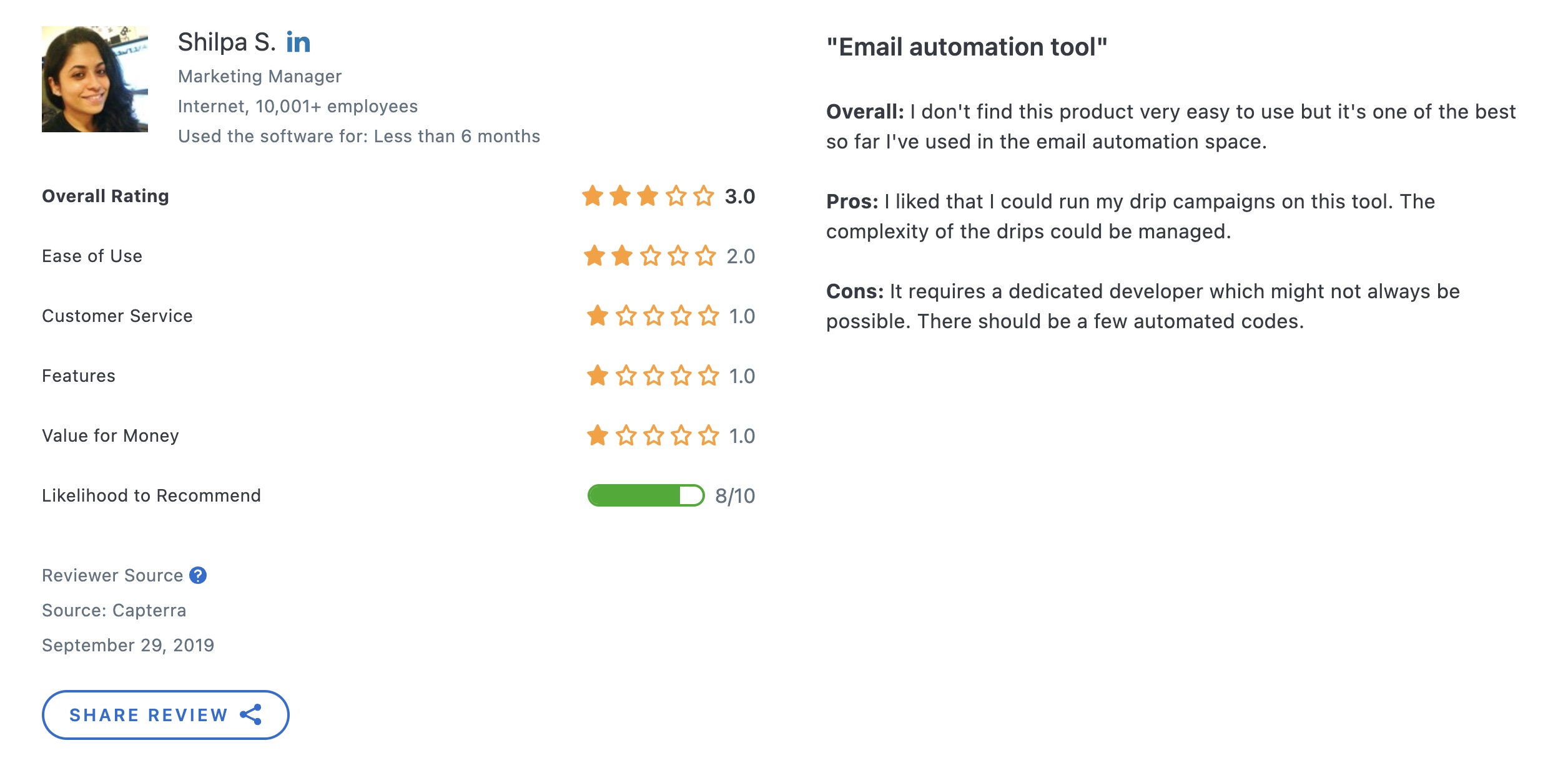 Customer.io Alternatives: Screenshot of a Customer.io review that talks about the steep learning curve