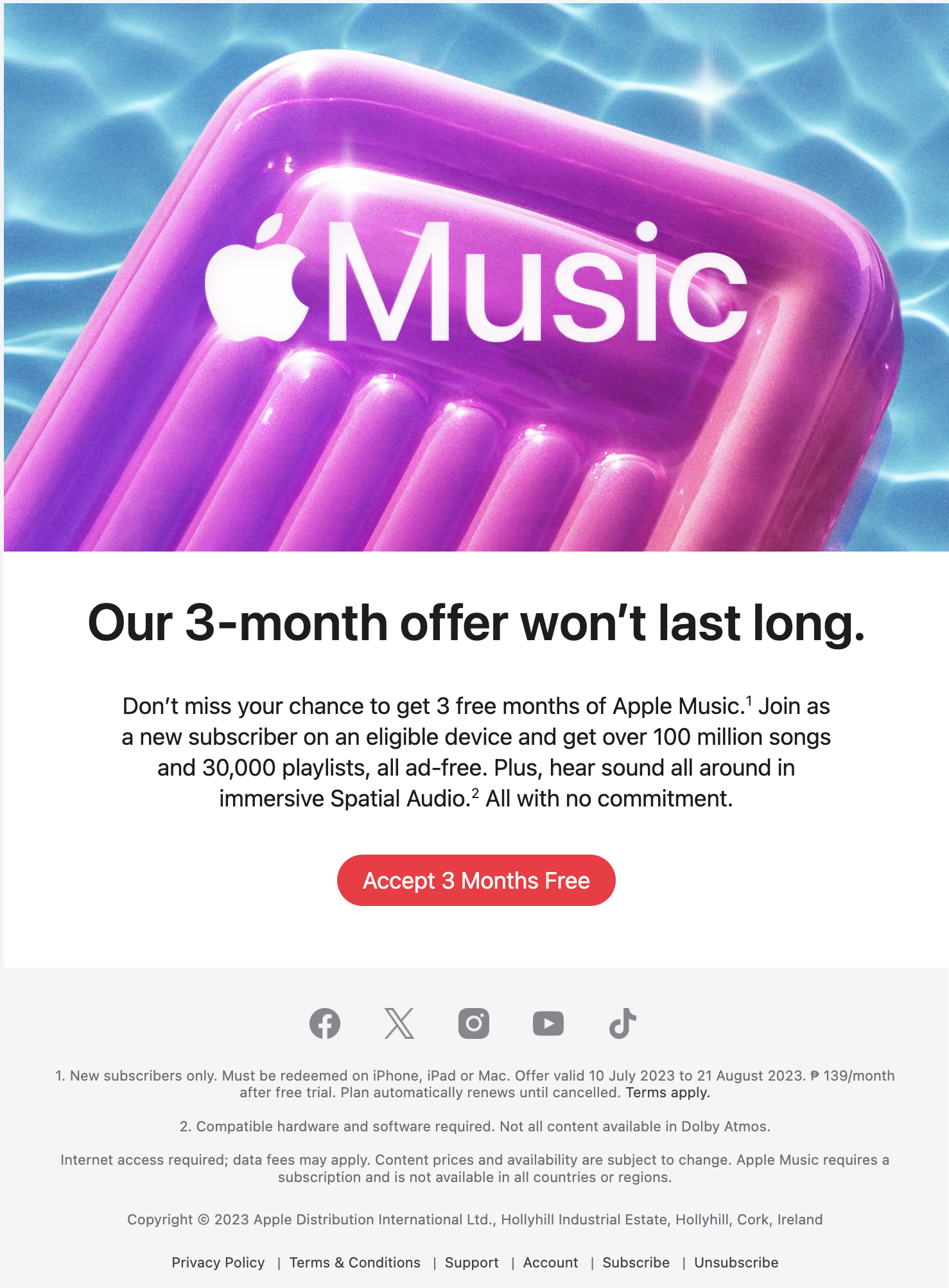 SaaS Discount and Promo Email Examples: Screenshot of Apple Music's promo email