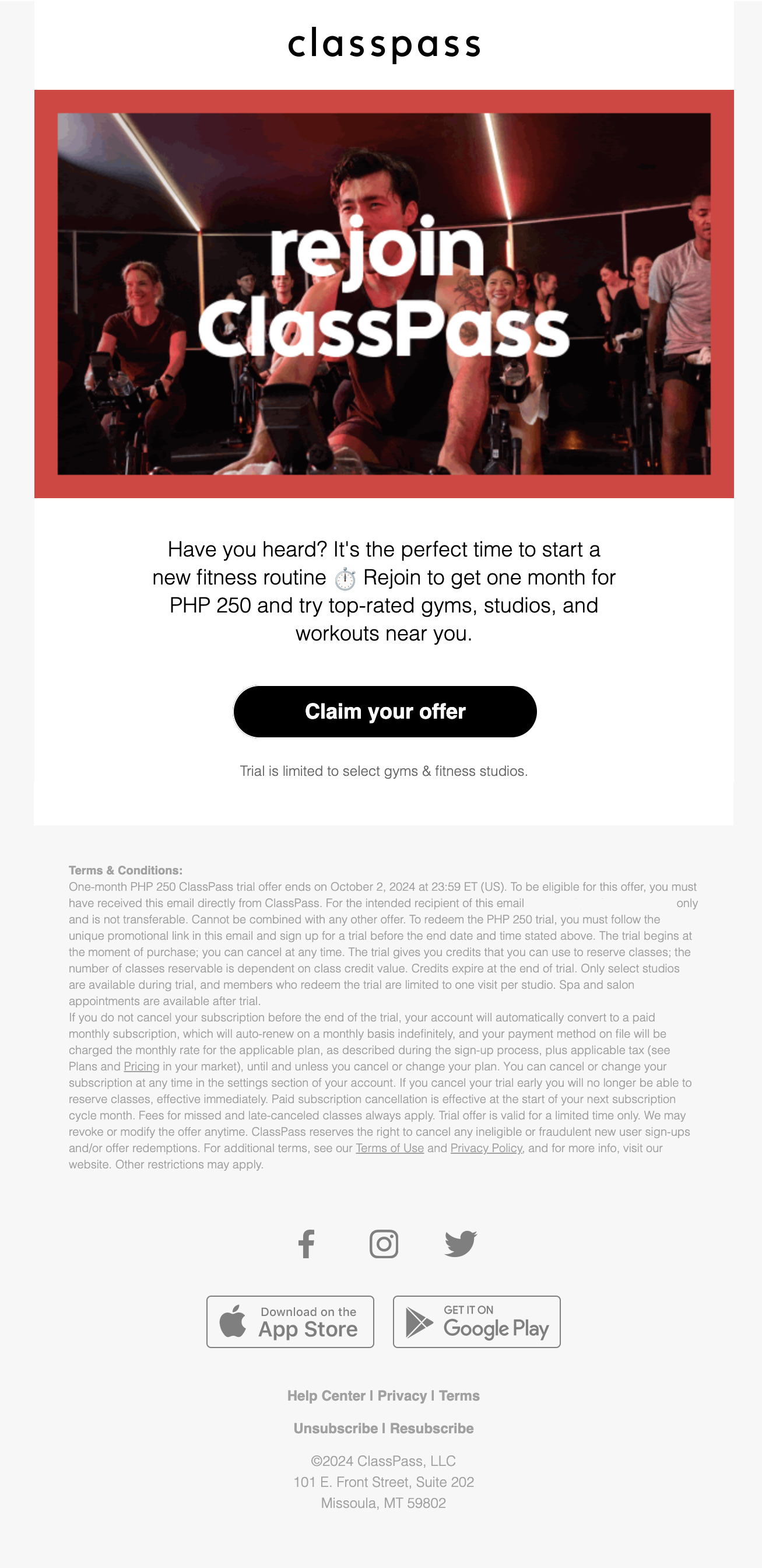 SaaS Discount and Promo Email Examples: Screenshot of ClassPass' promo email