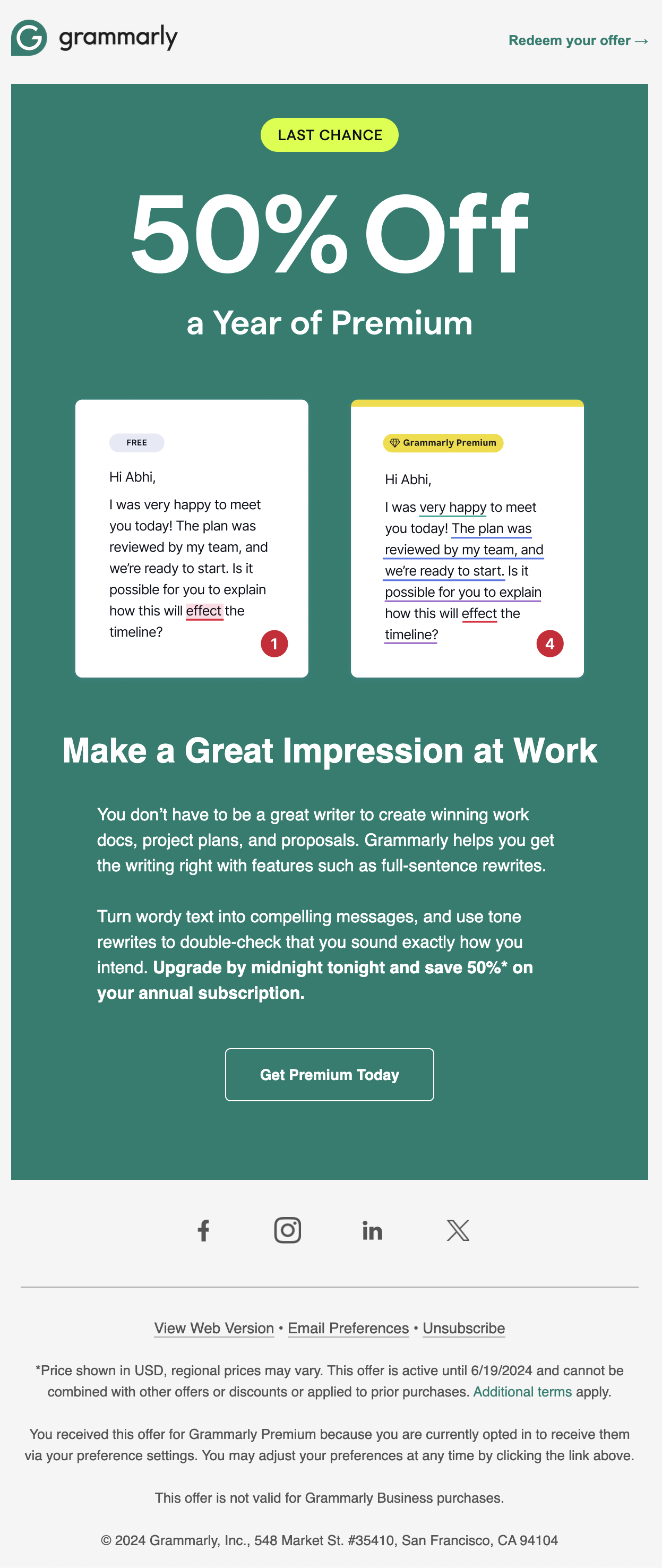 SaaS Discount and Promo Email Examples: Screenshot of Grammarly's promo email