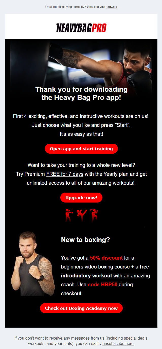 SaaS Discount and Promo Email Examples: Screenshot of Heavy Bag Pro's welcome email