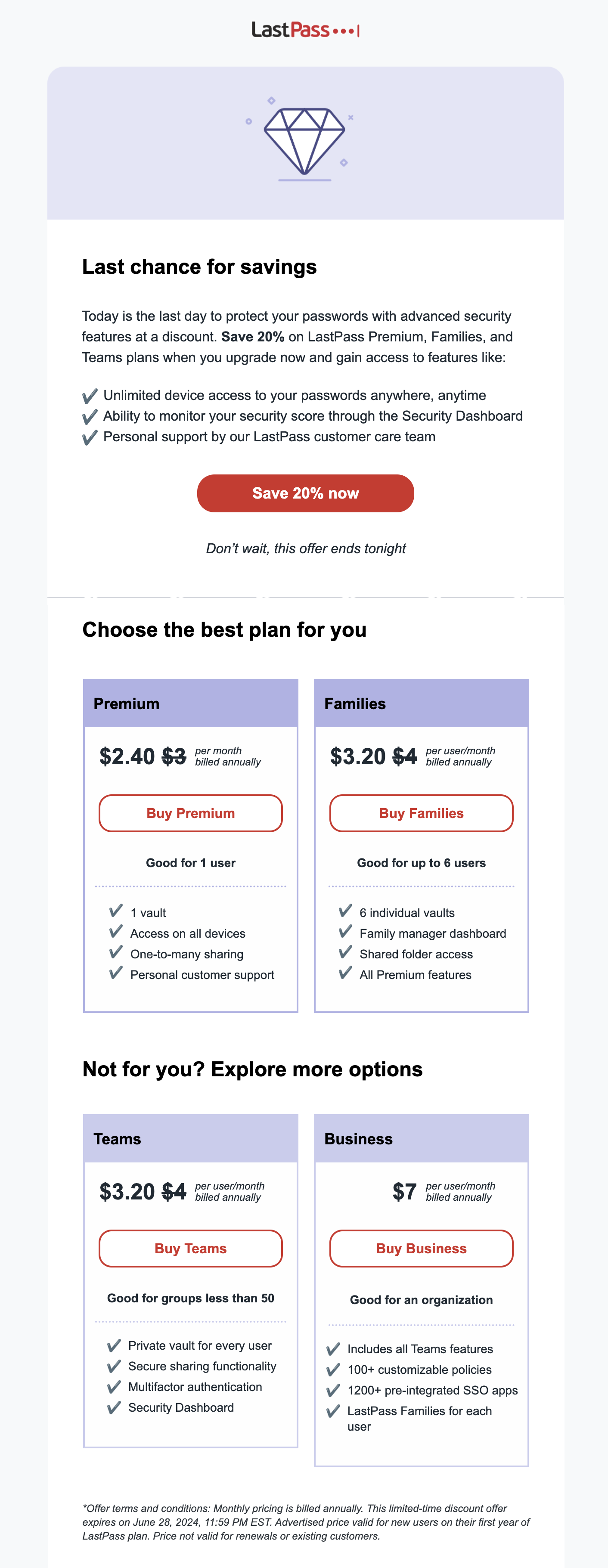 SaaS Discount and Promo Email Examples: Screenshot of LastPass' discount email