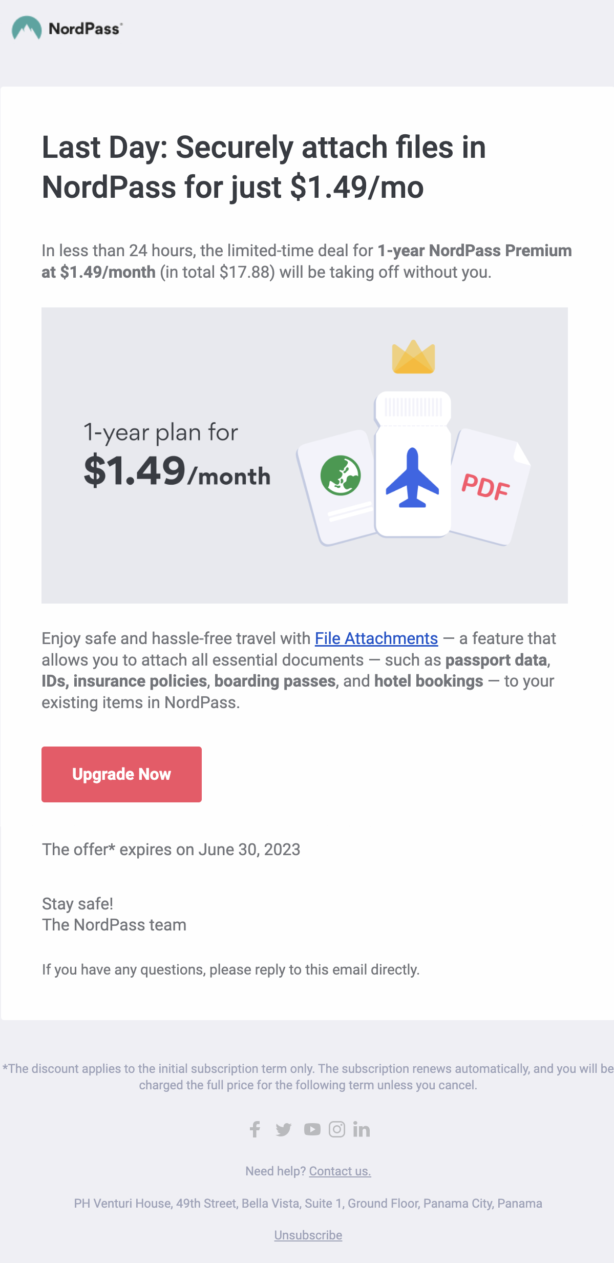 SaaS Discount and Promo Email Examples: Screenshot of NordPass' discount email