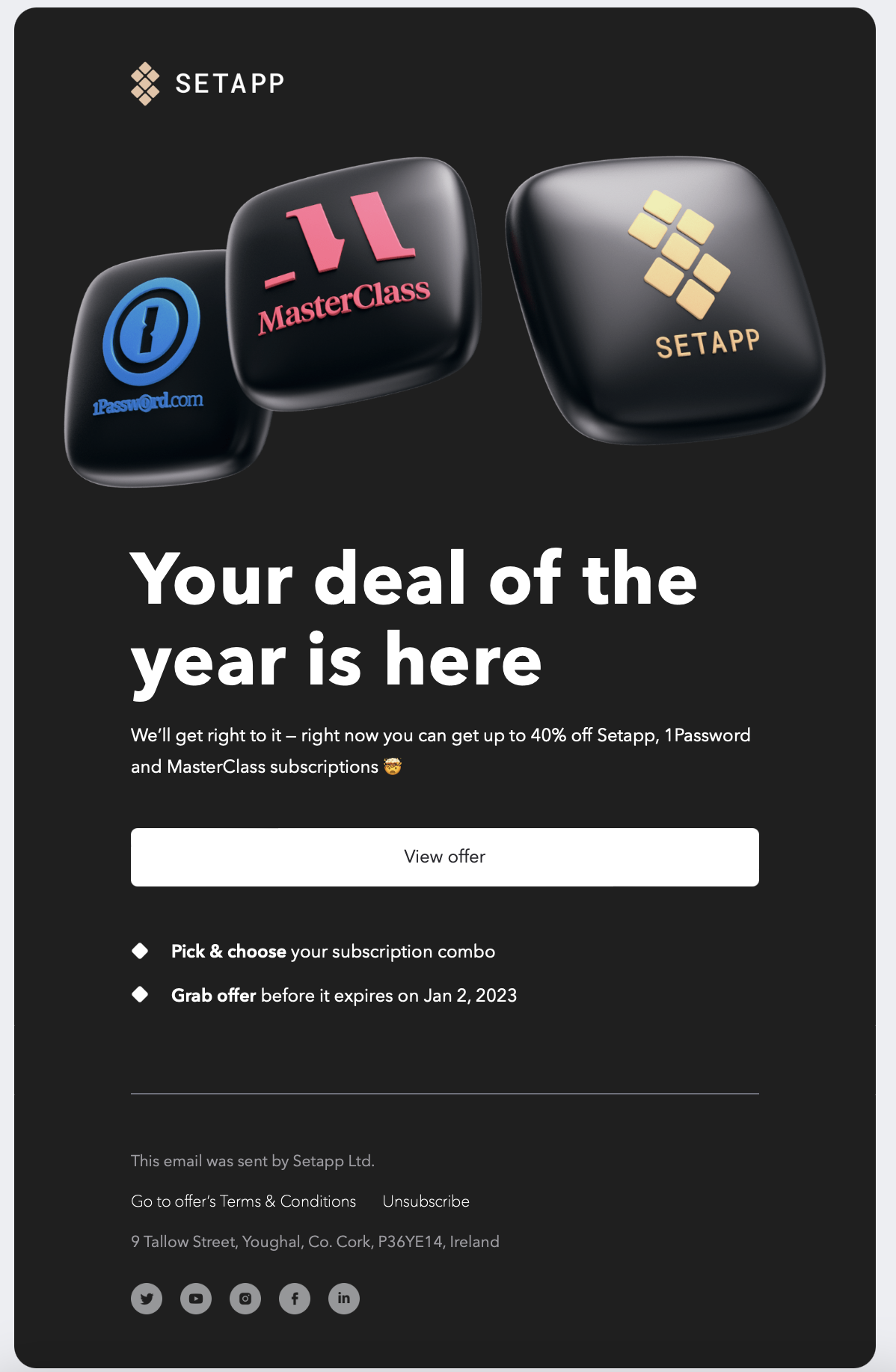 SaaS Discount and Promo Email Examples: Screenshot of Setapp's promo email