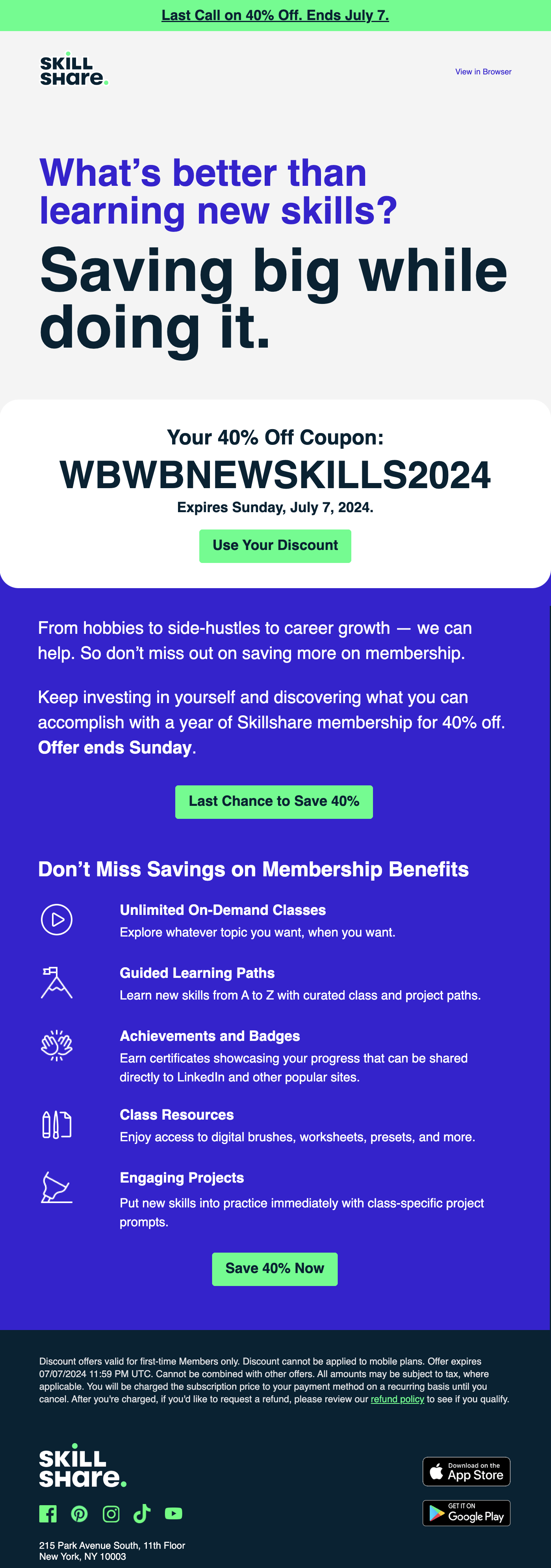 SaaS Discount and Promo Email Examples: Screenshot of Skillshare's discount email