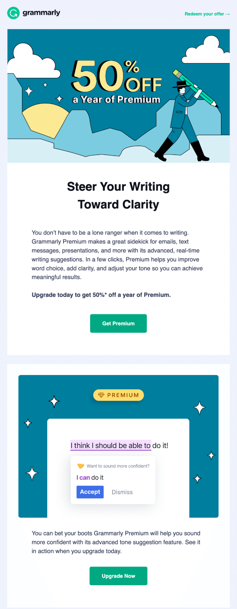 Email Engagement Content Ideas: Screenshot of Grammarly's email offering a discount